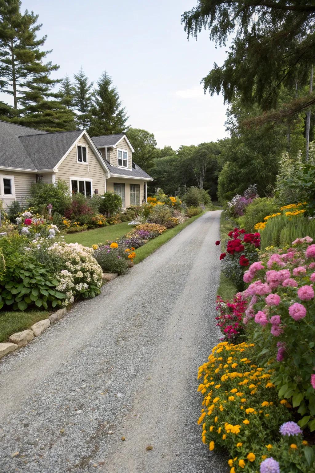 Gravel route lined by lively blooming plants.