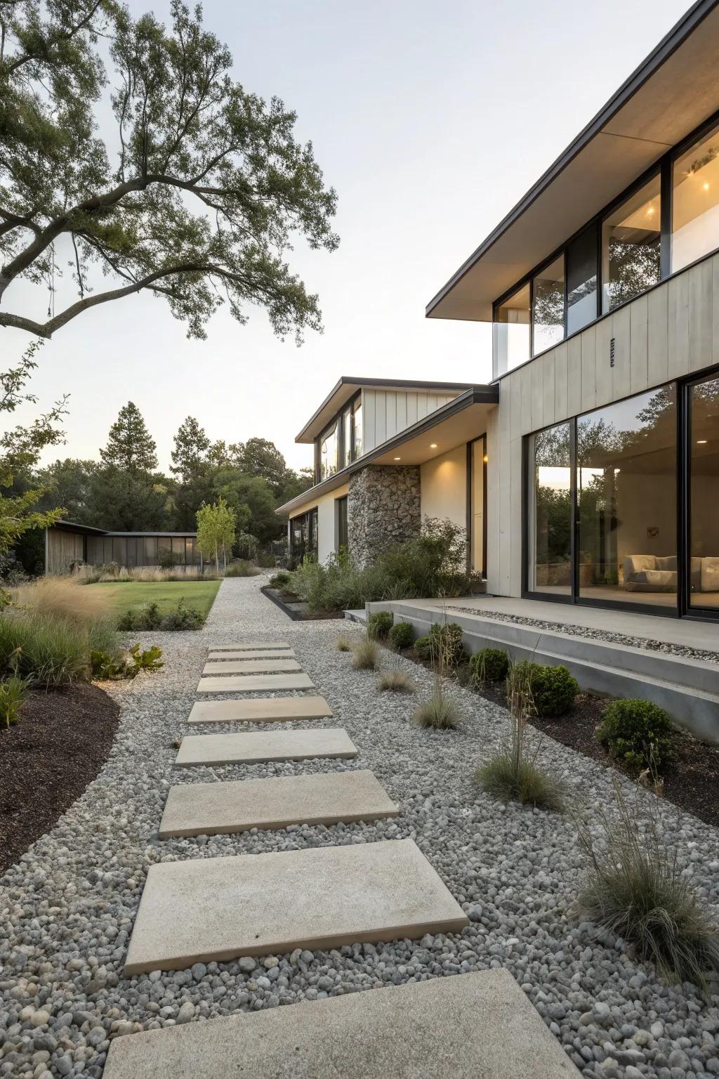A minimalist front yard featuring pristine gravel pathways and modern architecture.