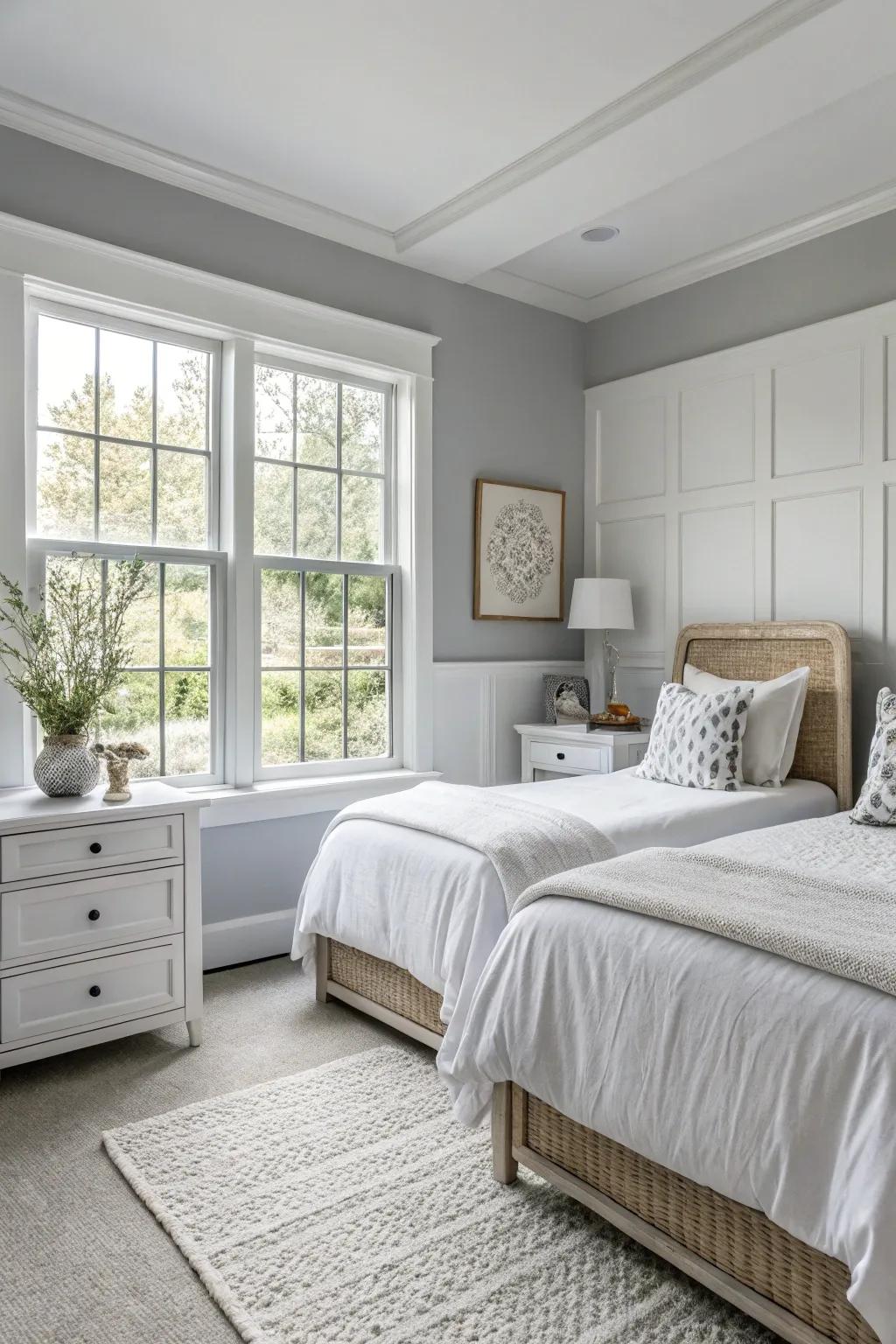 A quintessential gray and white bedroom flooded with sunlight.