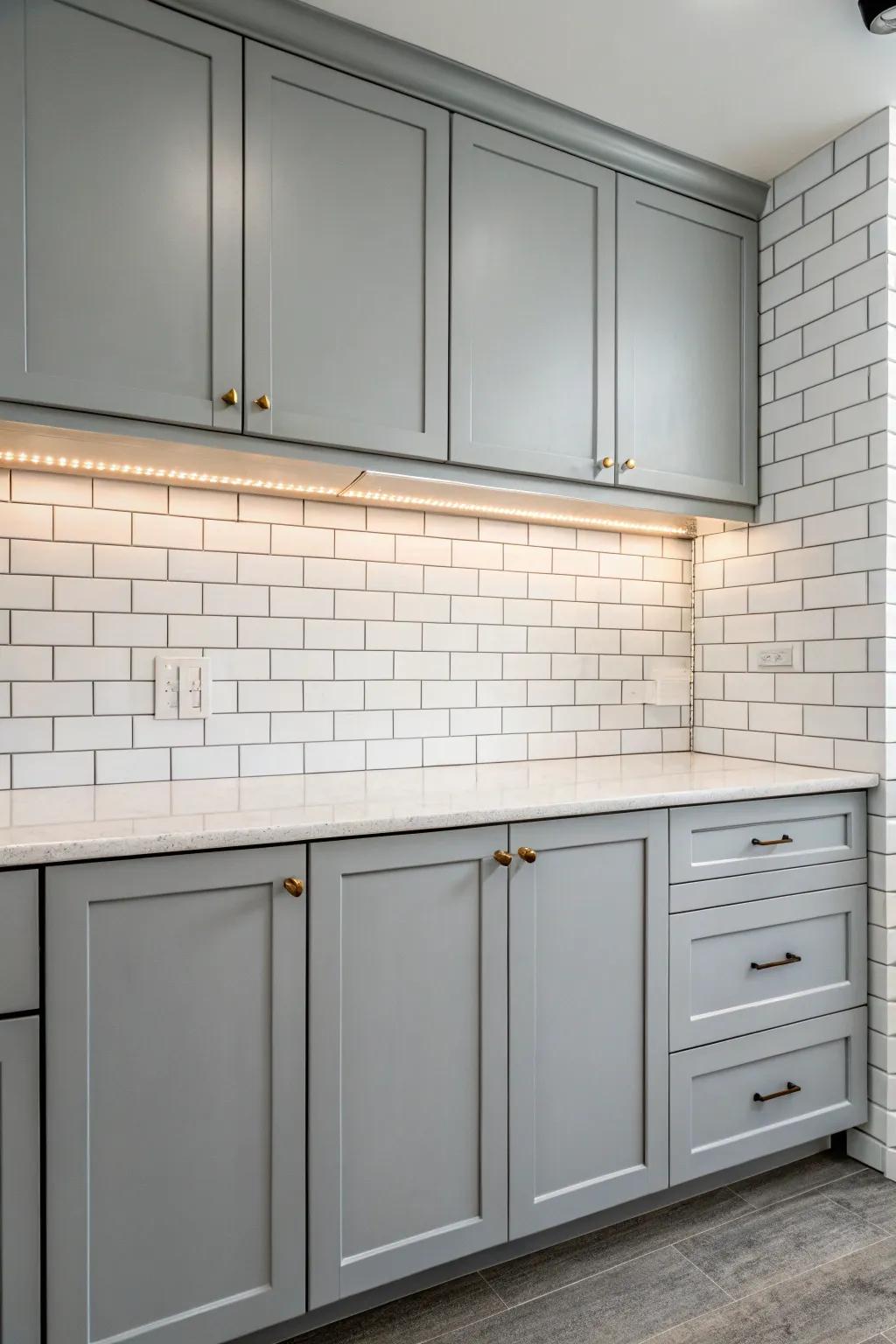 Gray cabinets accented by a white subway tile backsplash for a supremely clean, classic effect.