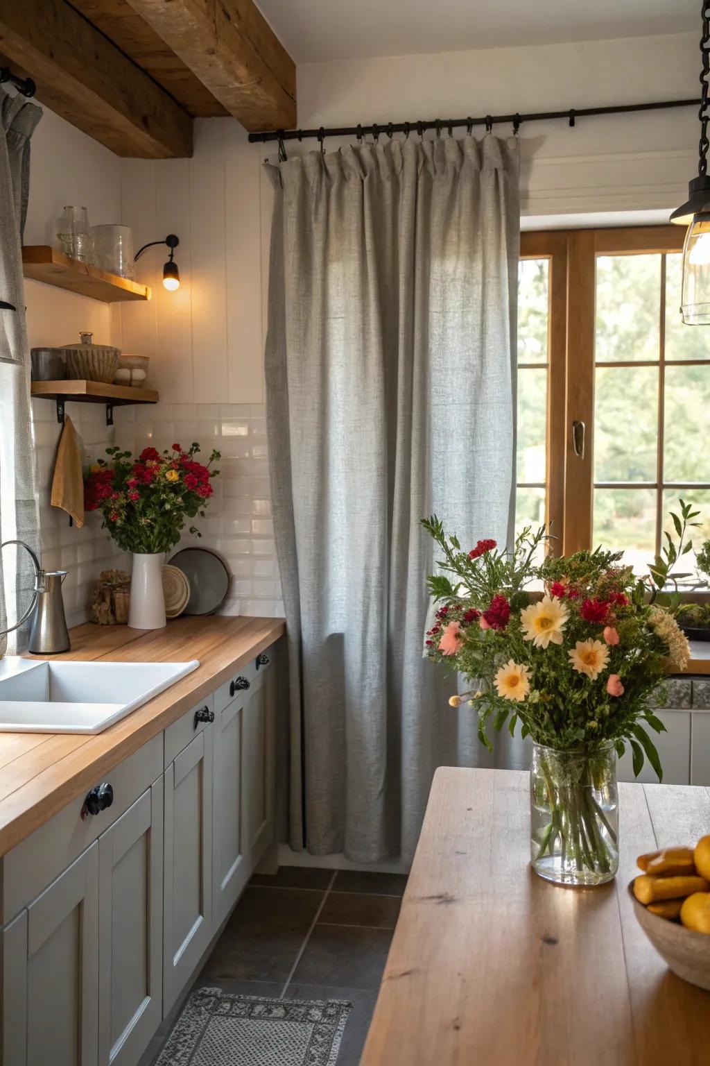Timeless gray cotton drapes bring refinement and light into the kitchen.