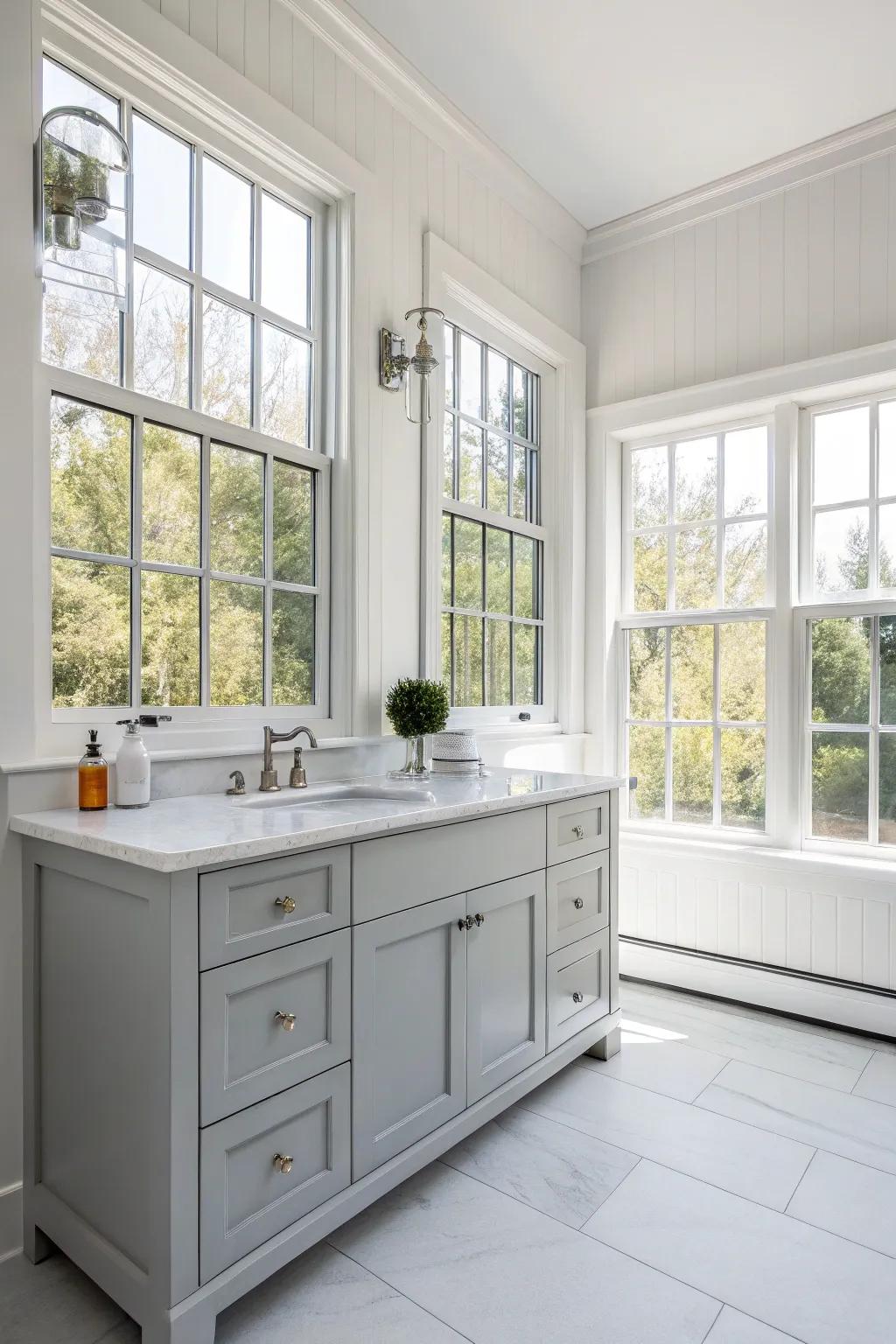 A pale gray station in a sunlit bathroom, emphasizing the charm of natural light.