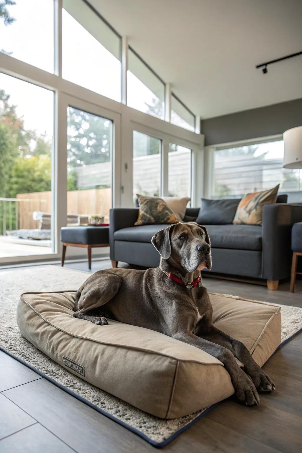 An oversized pillow creates a cozy and stylish dog bed for your Great Dane.