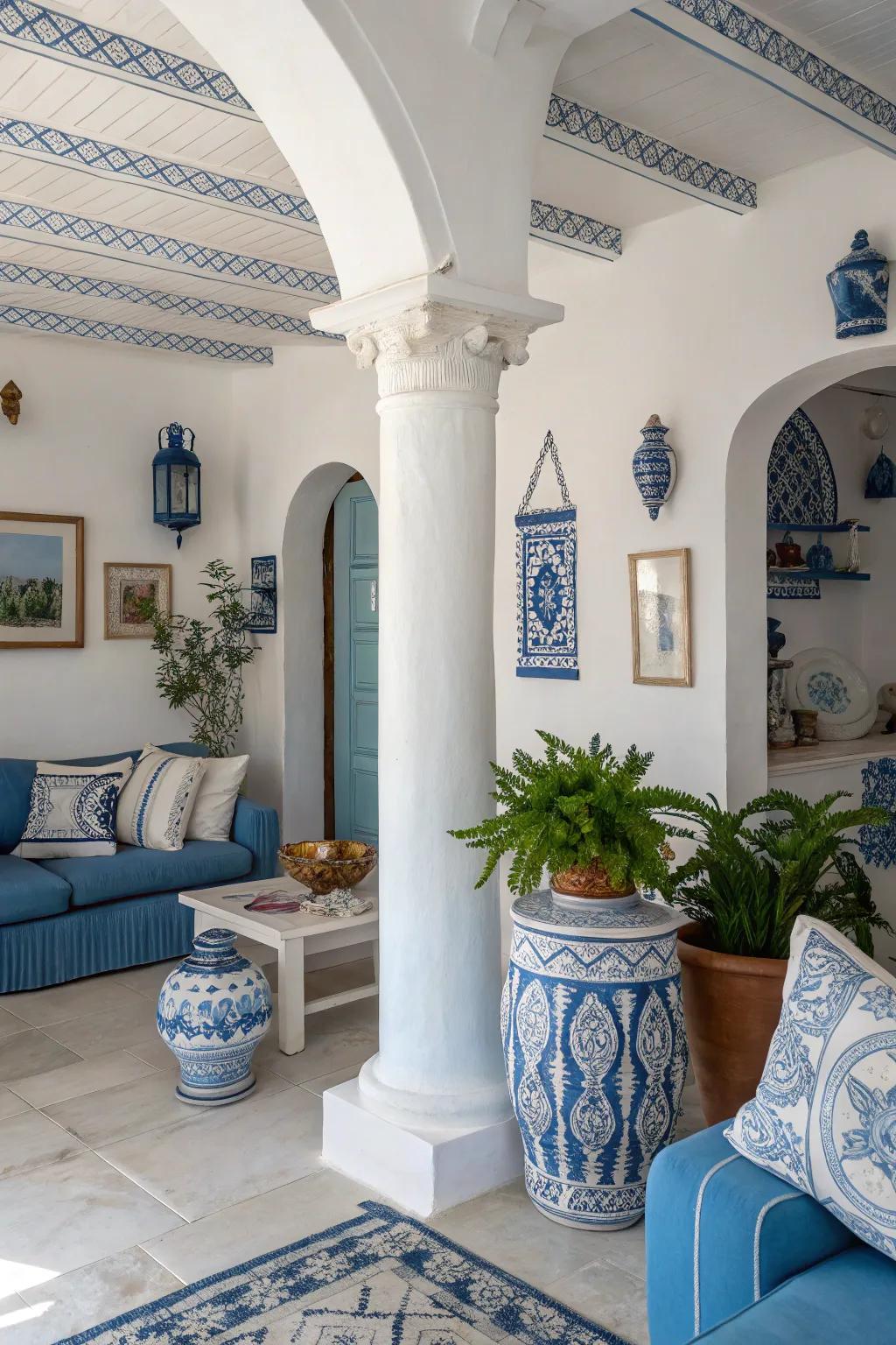 The classic blue and white palette creates a serene and inviting atmosphere.