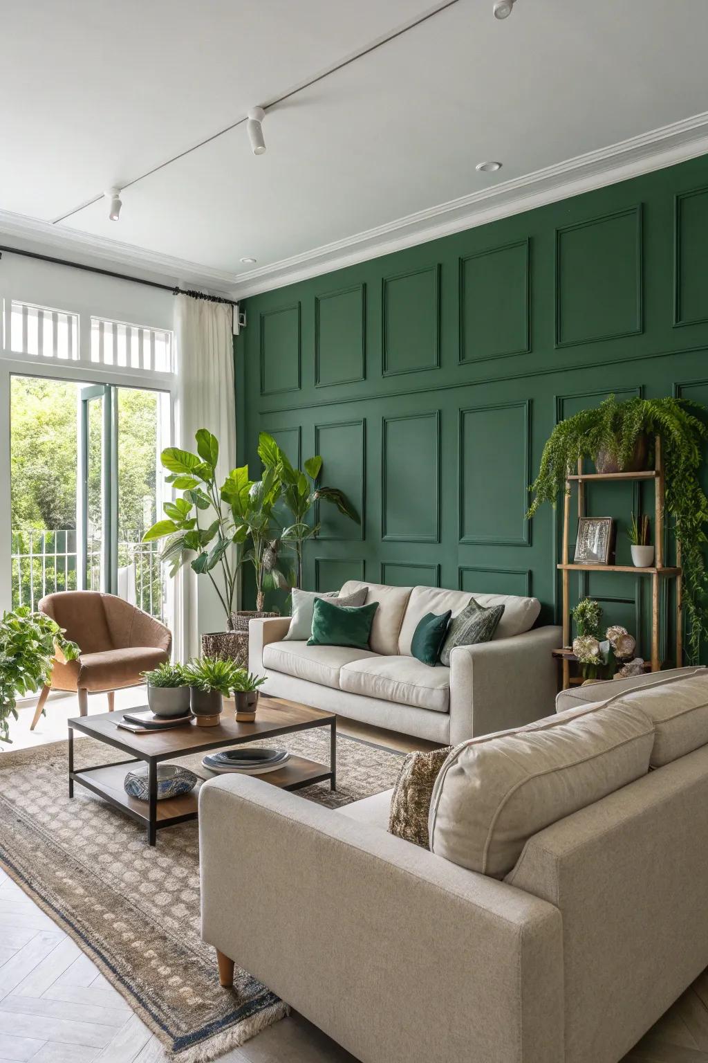 Rich green walls bring a sense of peace to this modern living space.