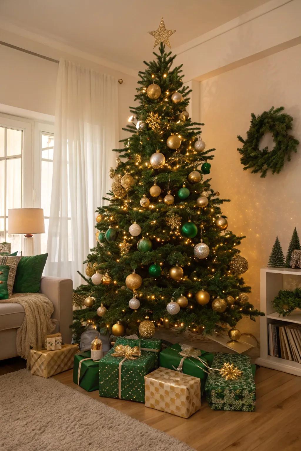 Timeless green and gold baubles gracing a Christmas tree