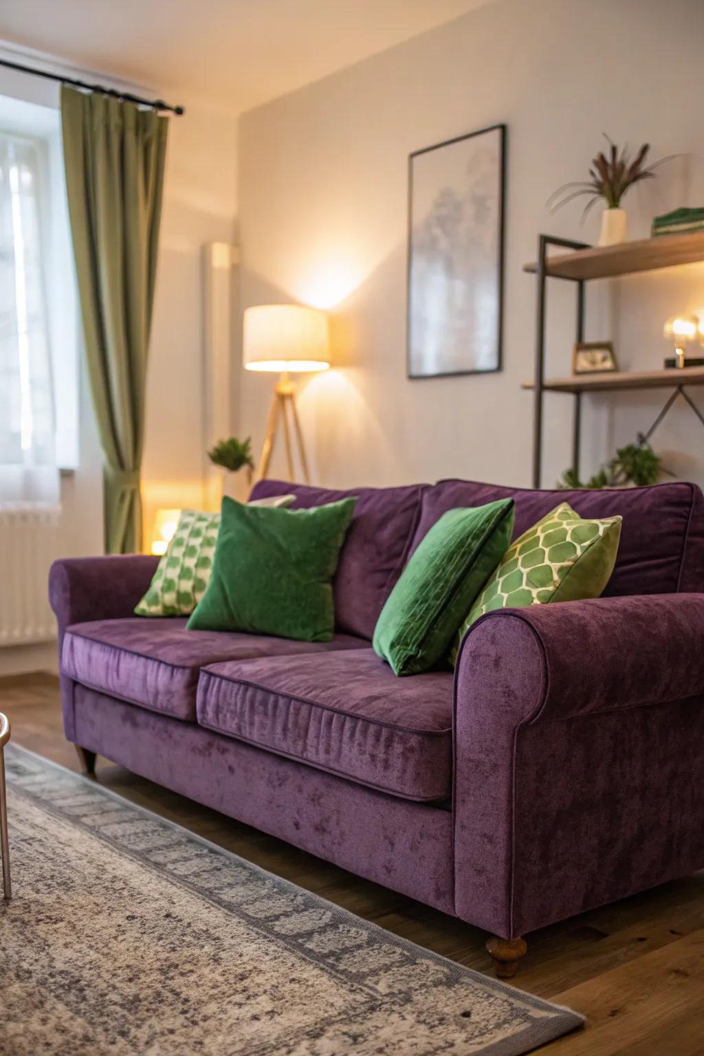 A luxurious lavender velvet sofa adorned with green cushions.