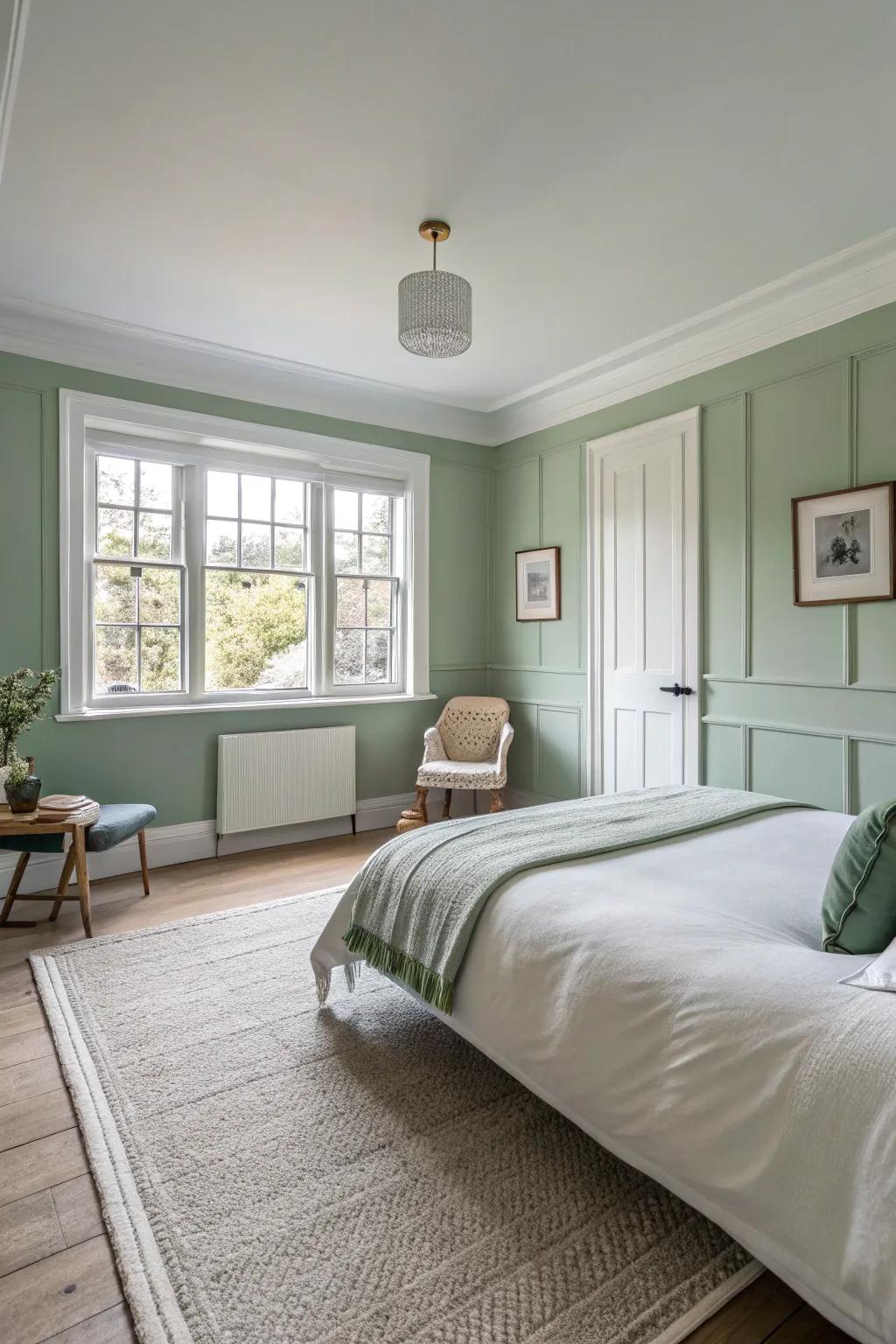 Gentle green walls meet white trim for a wonderfully tranquil ambiance.