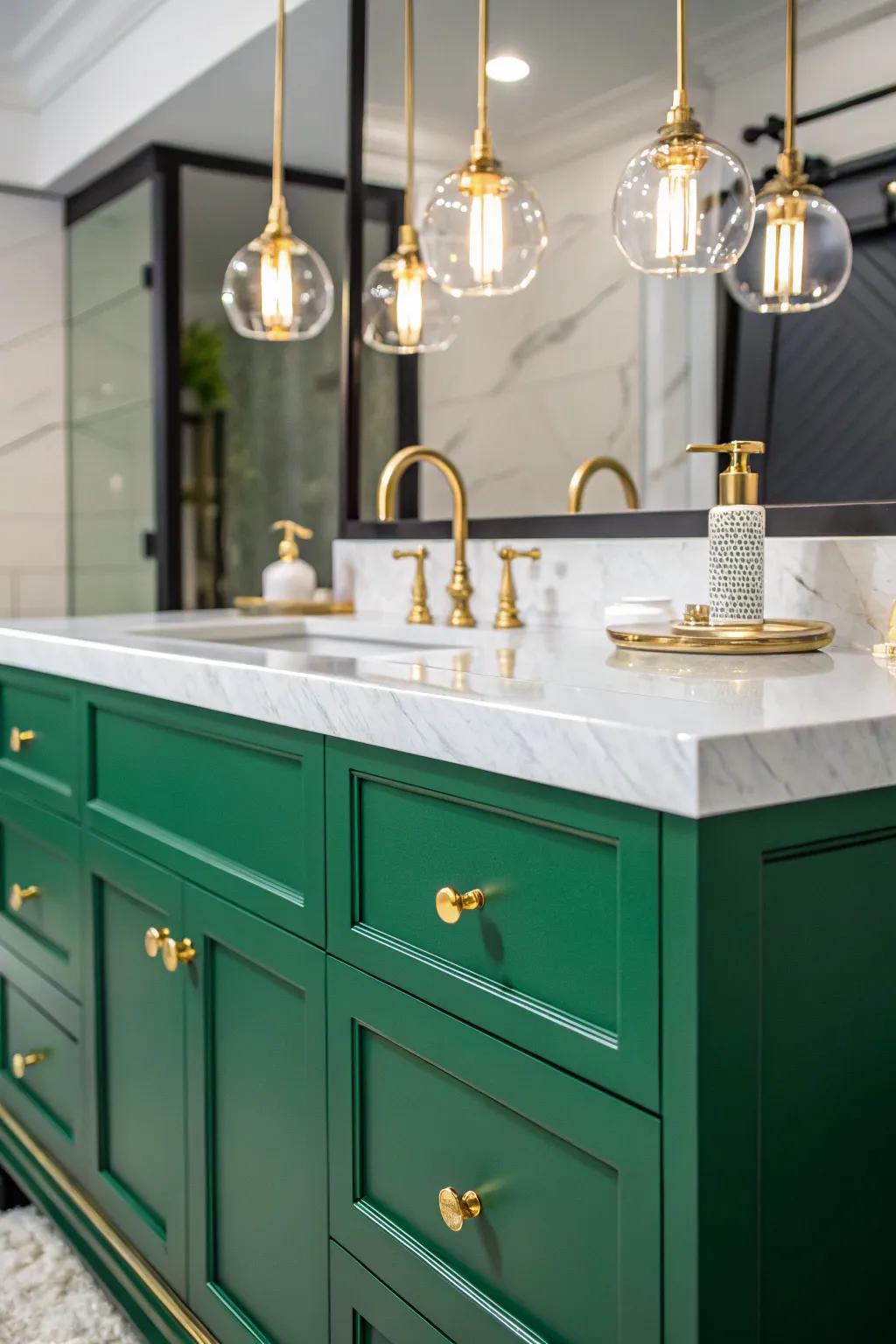 A jade console wonderfully enhanced by golden fixtures.
