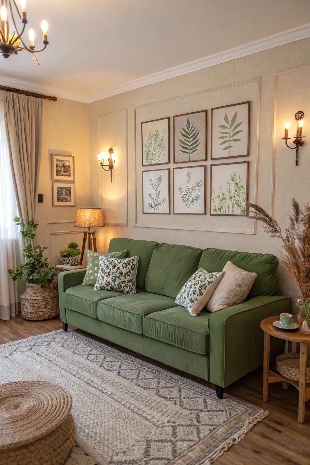 Understated shades strike the perfect chord with a vivid green couch, promising a peaceful setting.