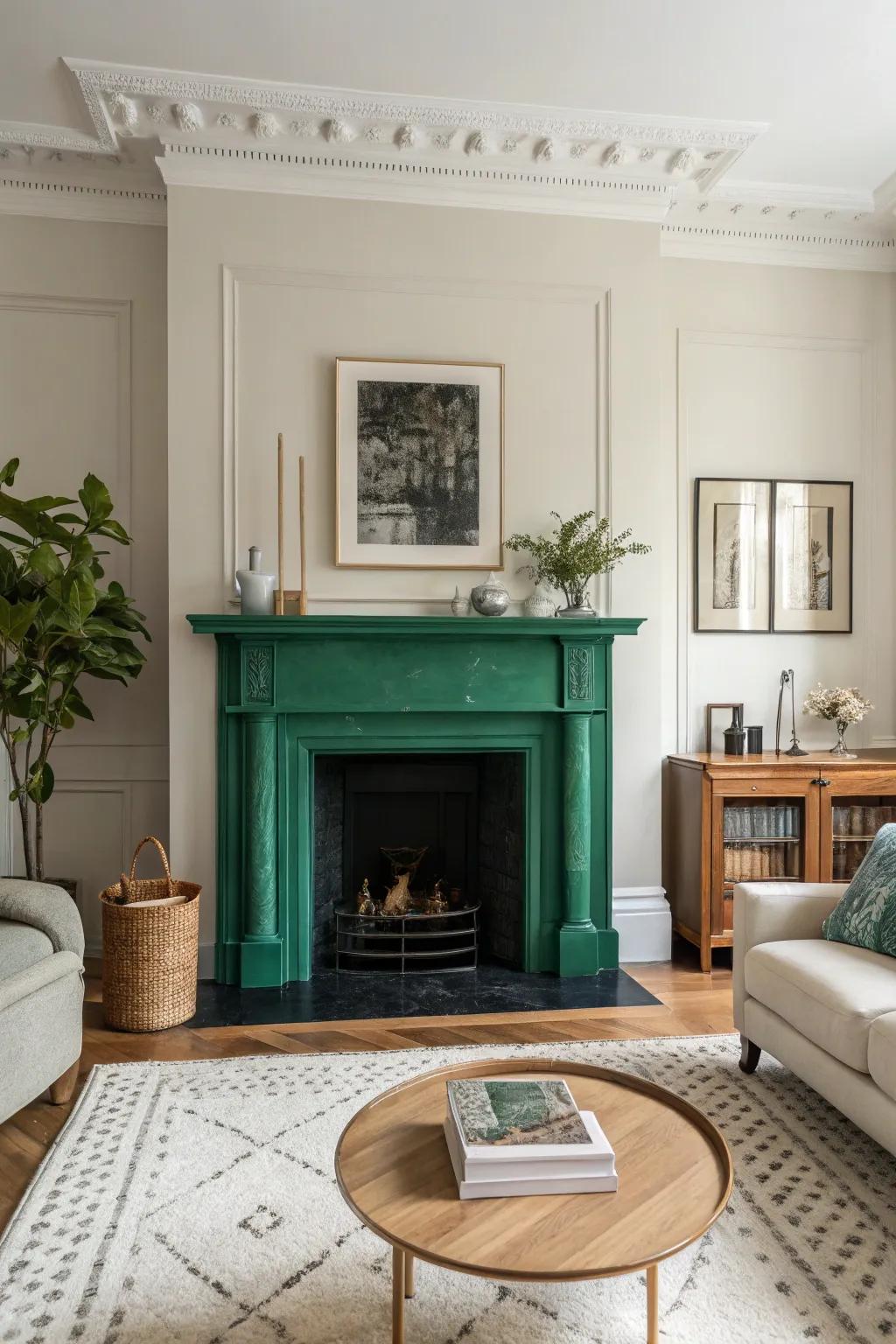 A bold jungle green fireplace border in a minimalist living room.