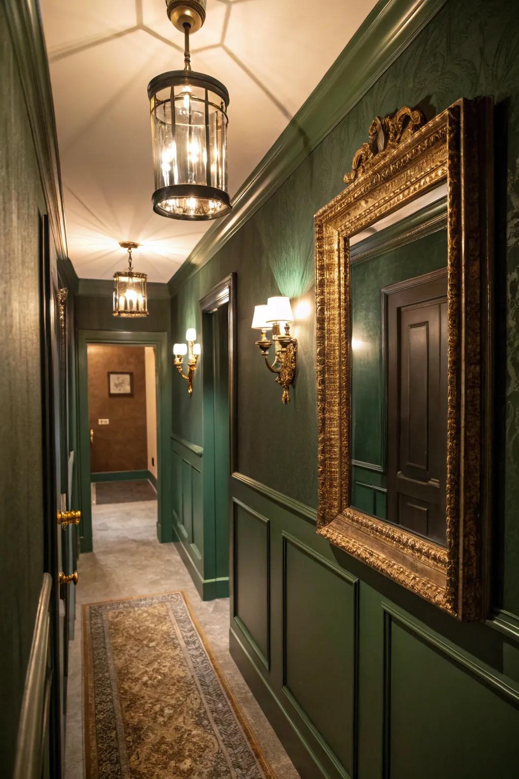 A hallway in deep forest green creates a warm and luxurious atmosphere.