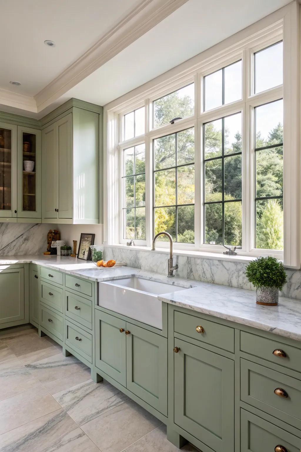 Cabinets in sage green foster a peaceful and tranquil kitchen setting.