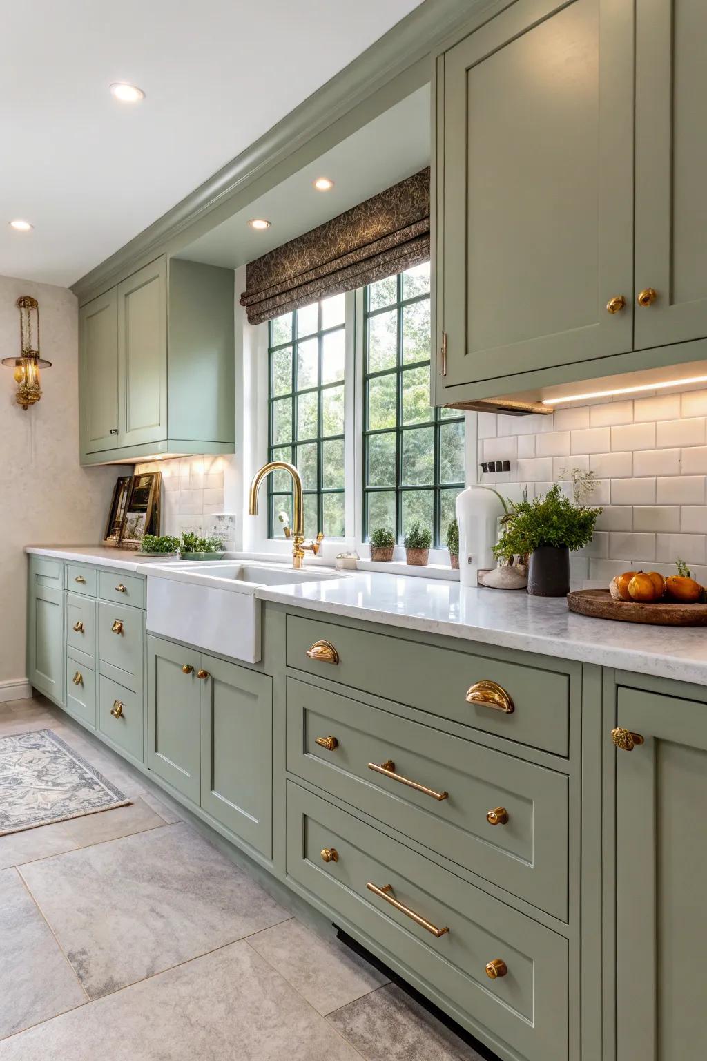 Sophisticated pale green cabinets harmonized with brass elements for a serene kitchen vibe.
