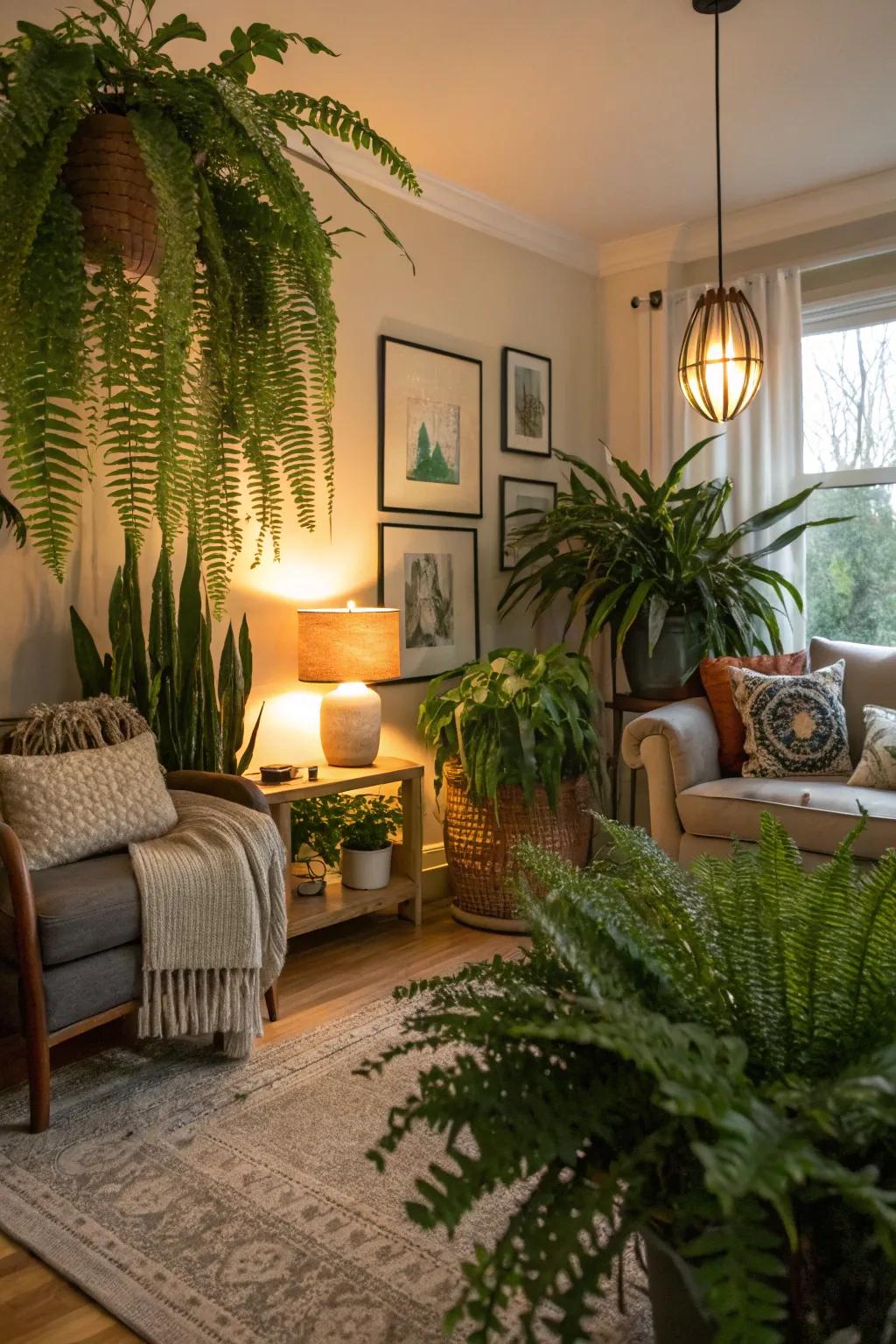 A bright living room adorned with diverse indoor plants, fostering a refreshing ambiance.