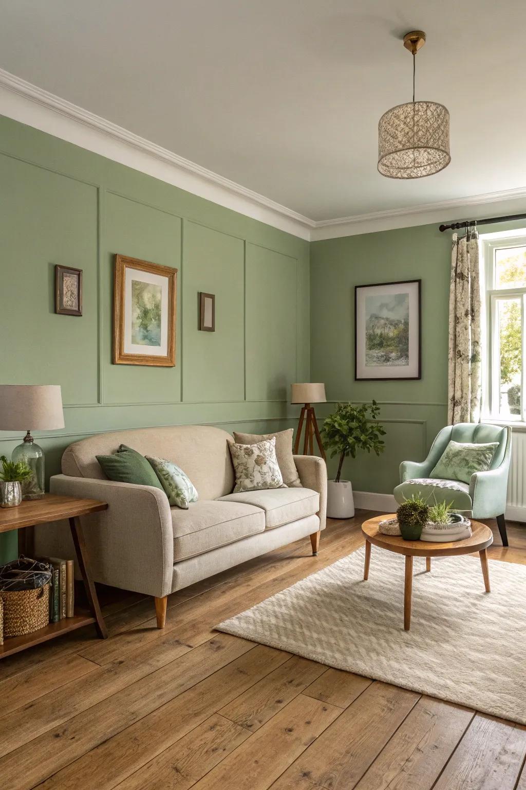 Sage green walls provide a tranquil and refined setting.