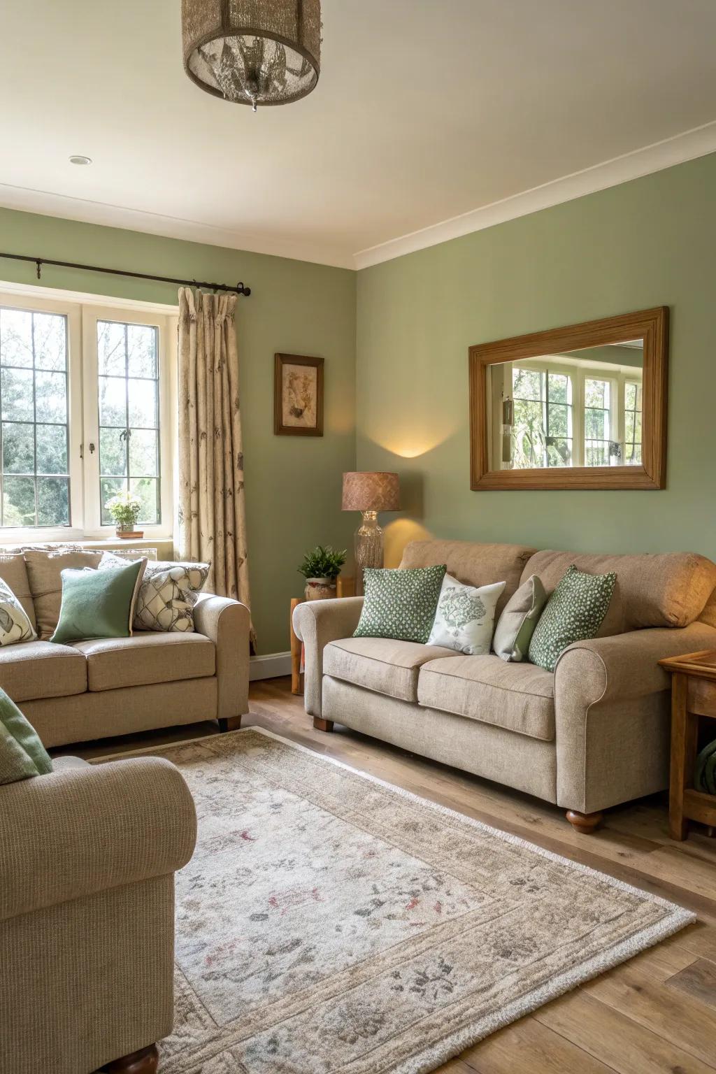 Gentle celadon green walls offer a tranquil foundation in this cozy living area.