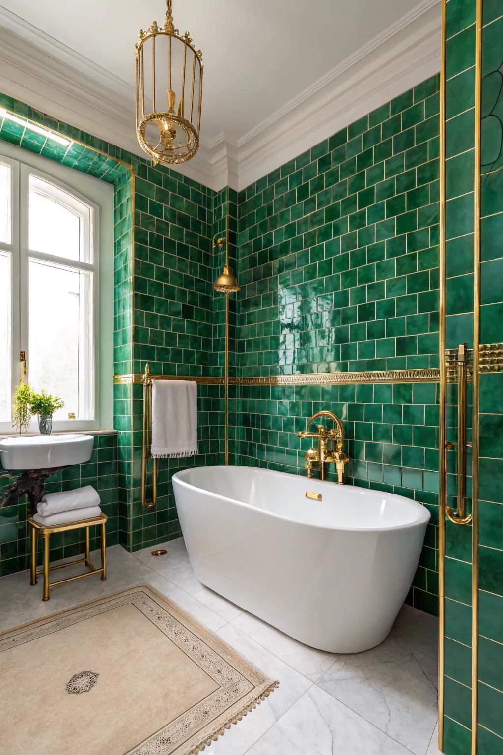 Jade green tiles introduce a dash of luxury to your bathroom.