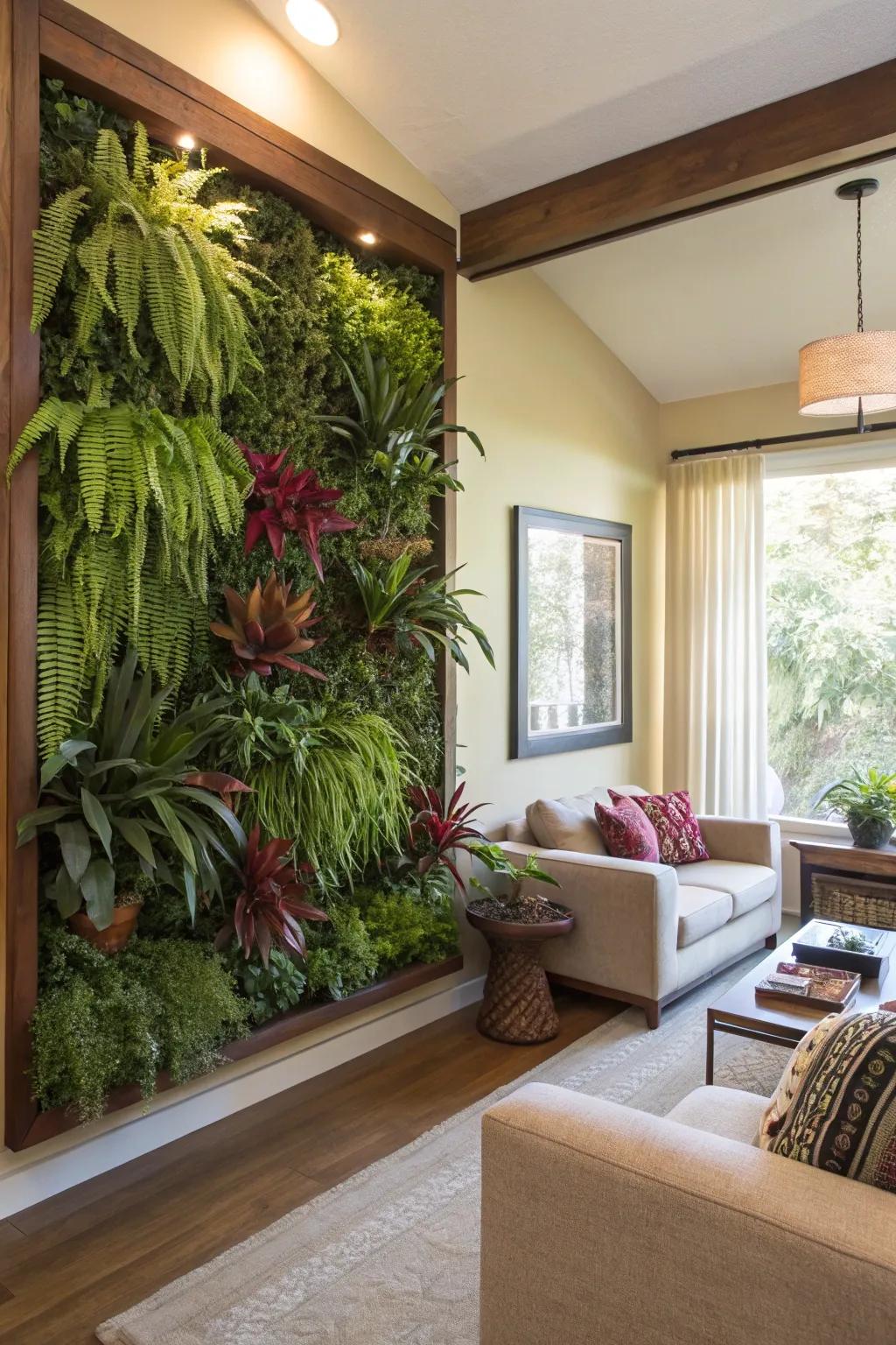 Vertical garden panels create a living tapestry in this stylish living room.