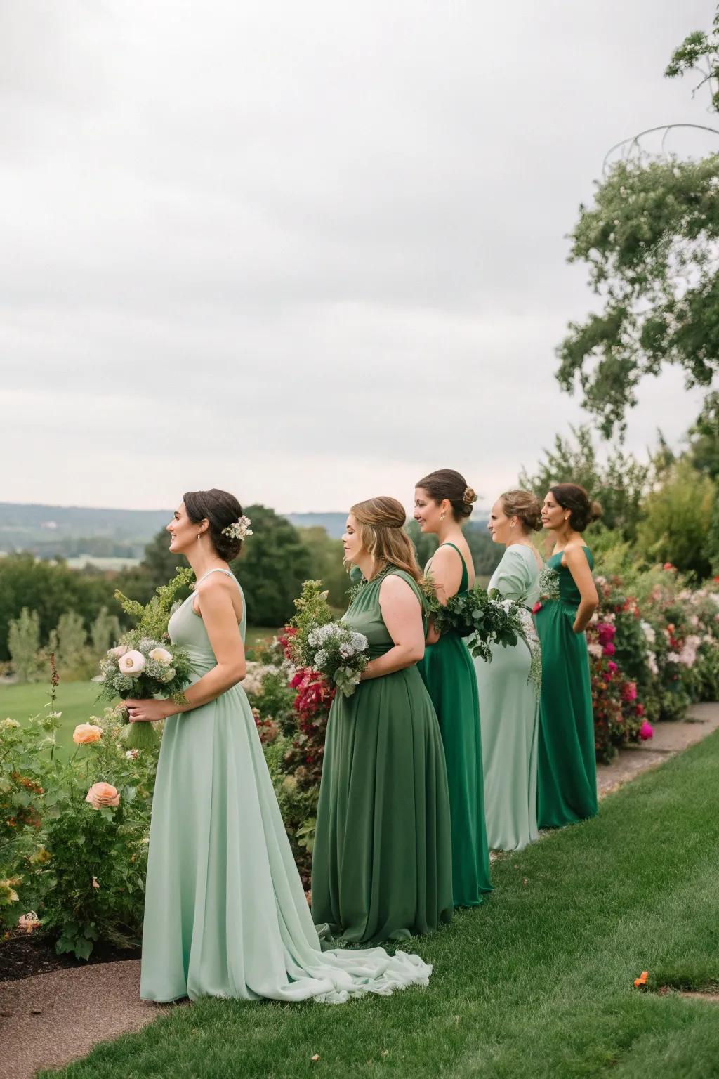 Bridesmaids sporting harmonious shades of green, perfect for complementing any complexion.