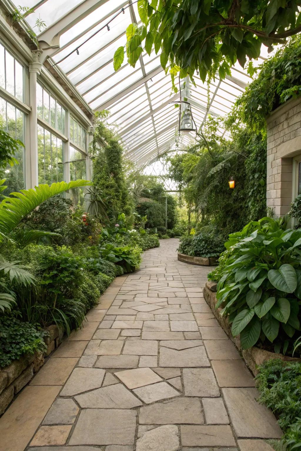 Stone pavers deliver a charming and stable greenhouse floor.