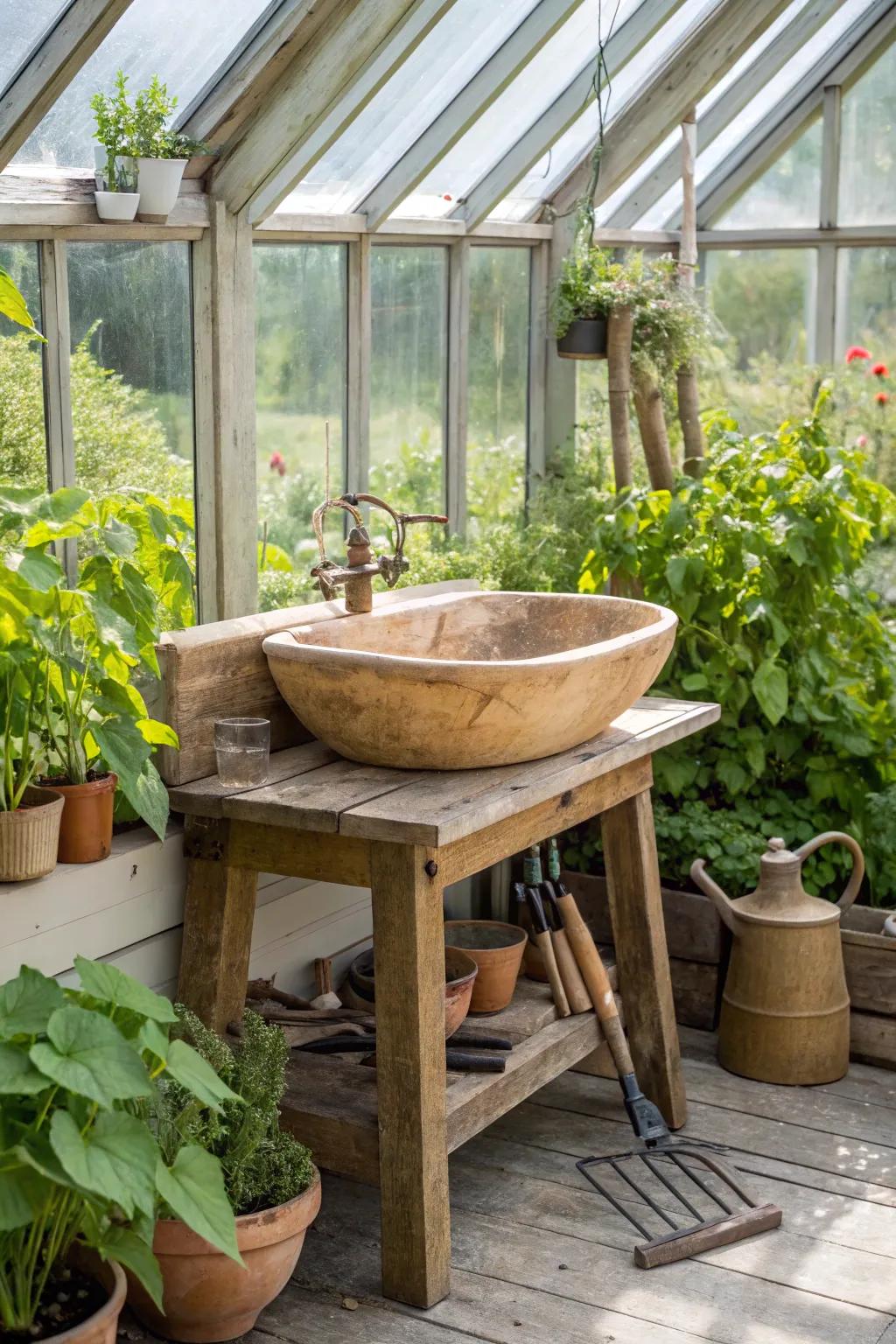A rustic wooden sink that fits beautifully into its greenhouse setting.