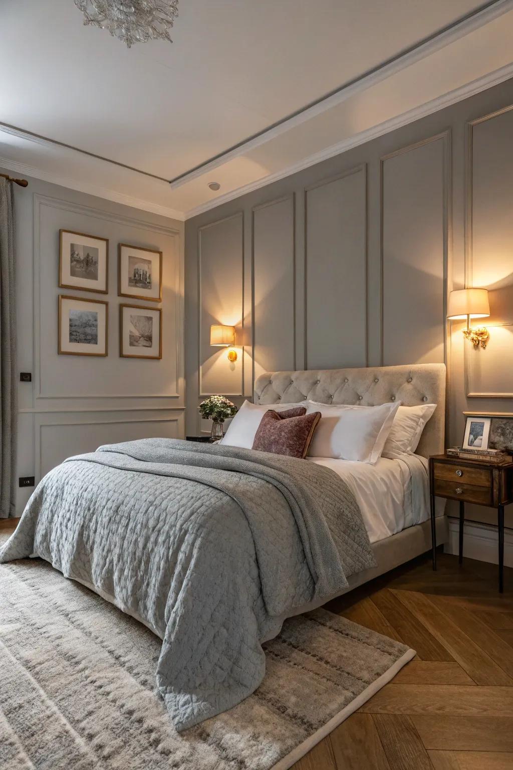 A snug bedroom showcasing a subtle grey feature wall.