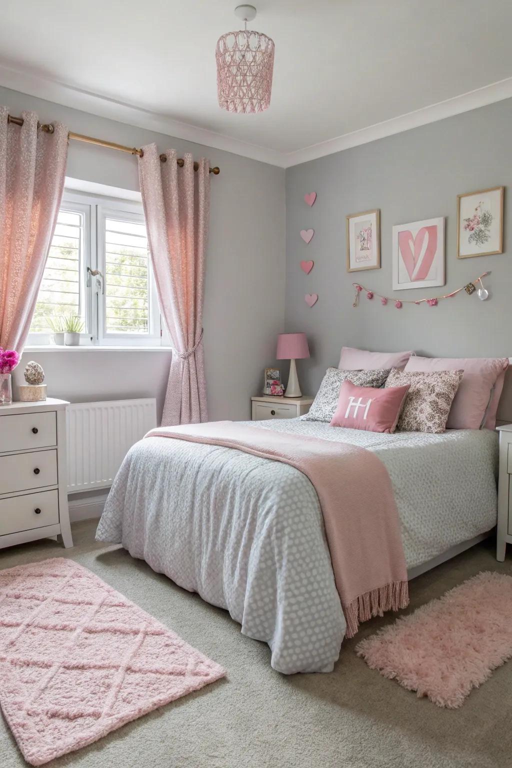 A gentle grey base provides the quintessential backdrop for striking pink details.