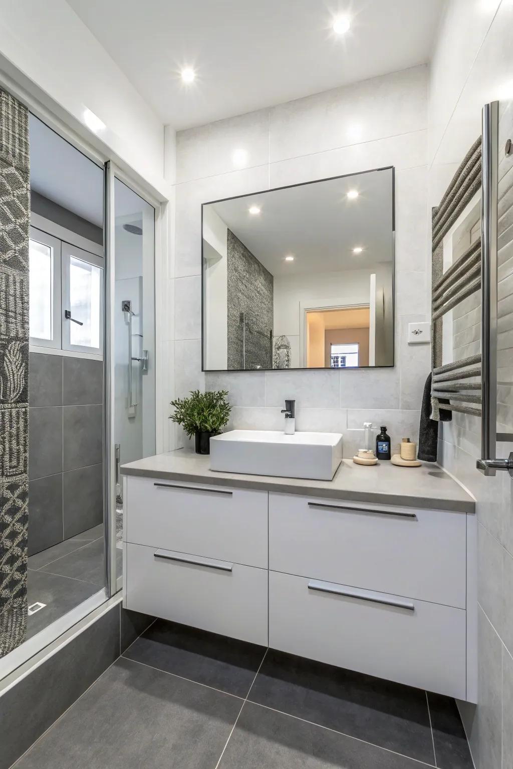 A timeless white bathroom elevated with grey accents for a touch of sophistication.