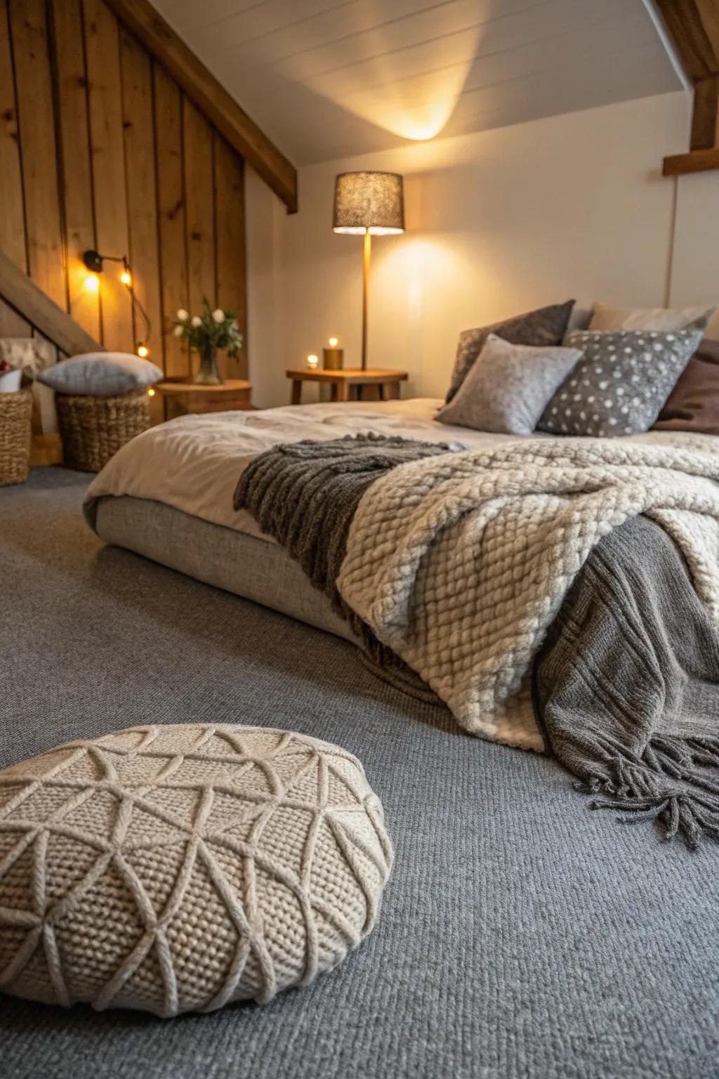 Gentle textiles contribute to the warmth and depth of this refined ash-toned floor covering bedroom.