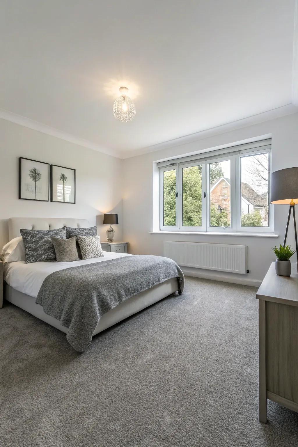 White walls and grey carpet: A classic combination.