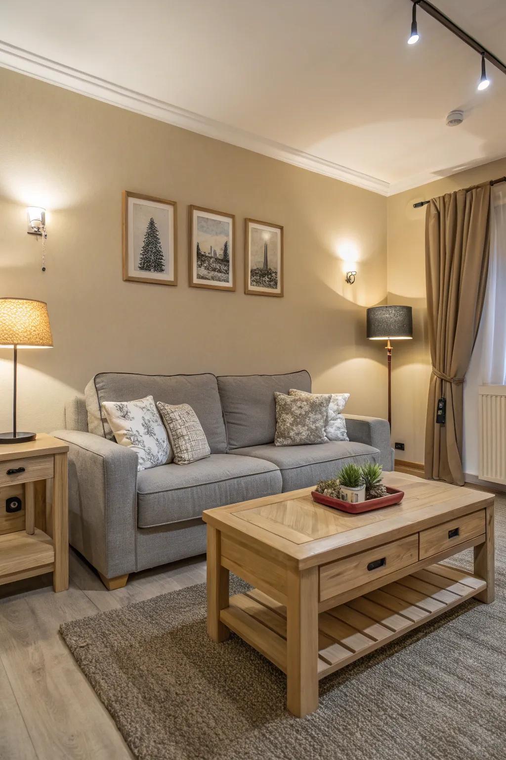 A peaceful room featuring a gray sofa and gentle neutral hues.
