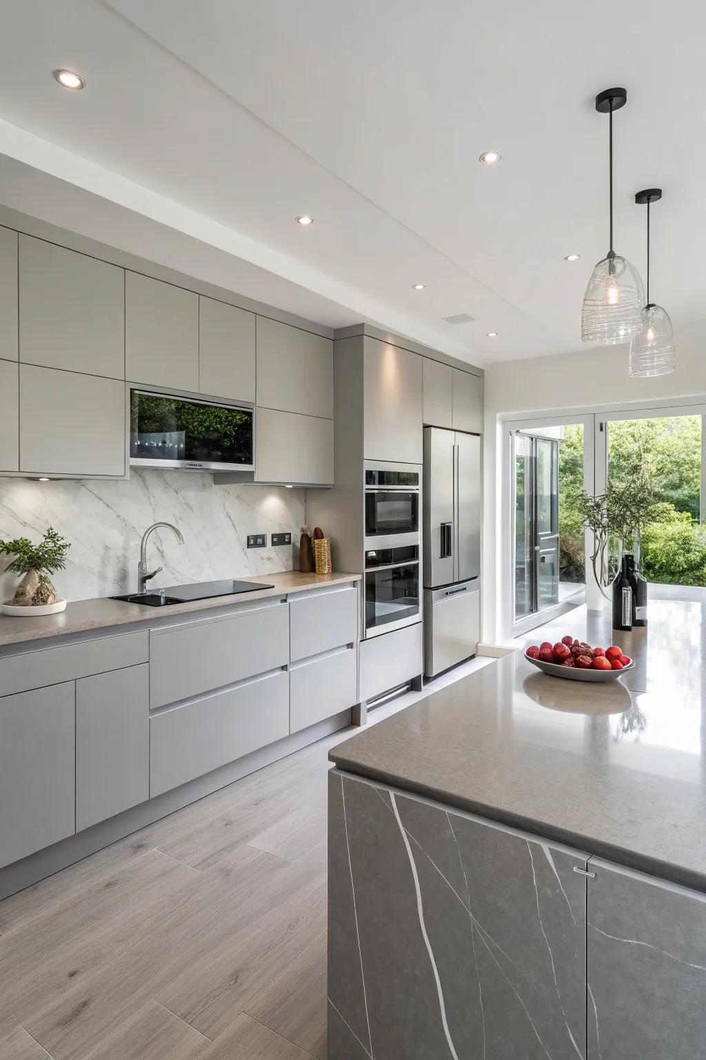 A contemporary kitchen featuring beautiful grey quartz countertops.