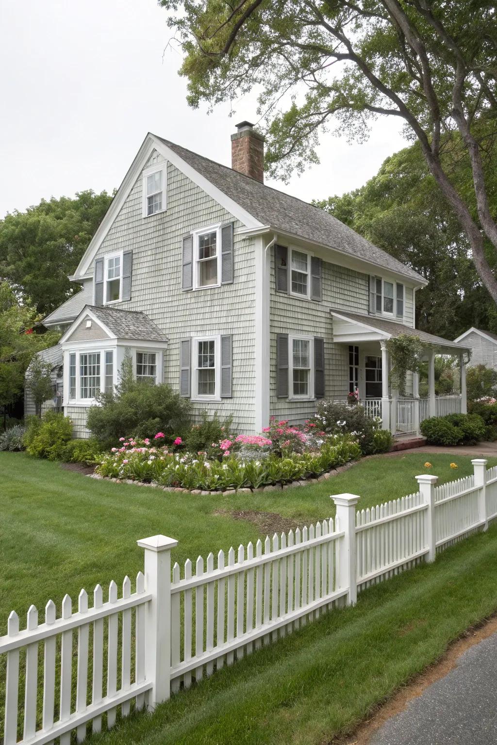 Light grey paired with white trim creates a timeless and inviting facade.