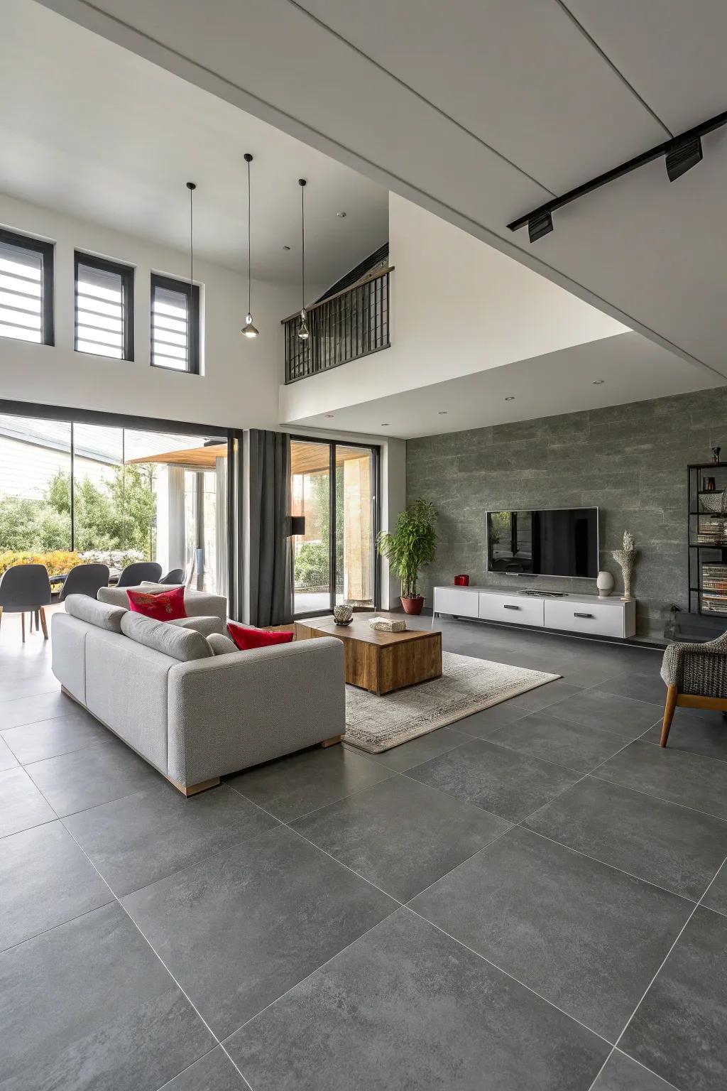 Large grey tiles add an expansive feel to this modern living area.