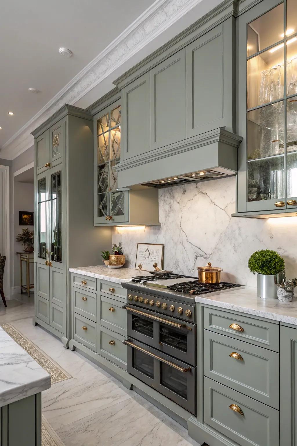 A classic kitchen where stone countertops meet elegantly with grey-green cabinets.