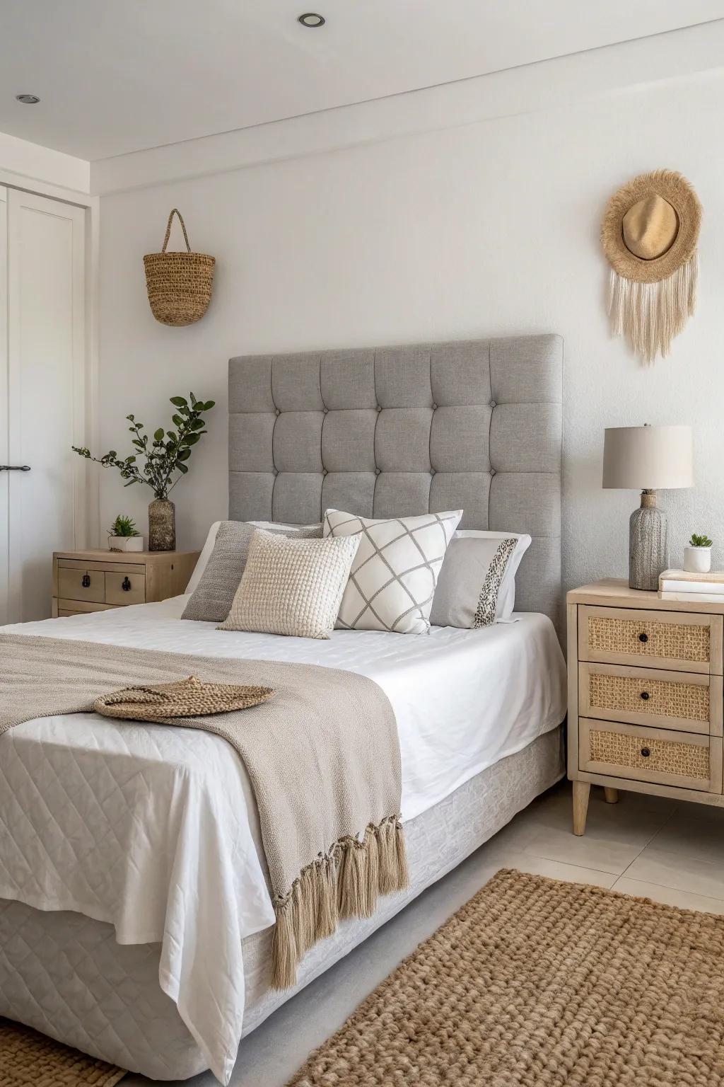 A sleek bedroom featuring a grey headboard with gentle decorations for a soothing atmosphere.
