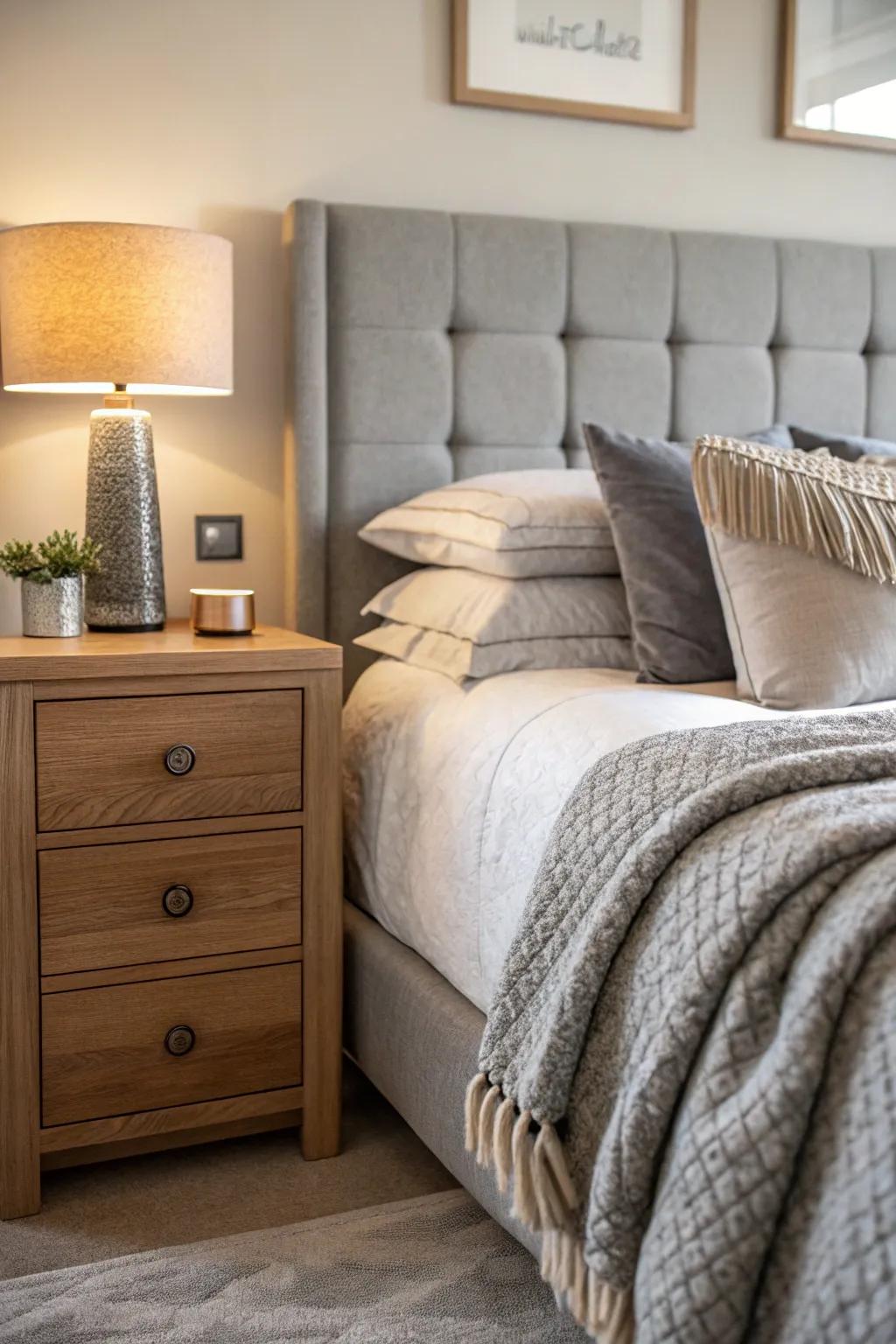 Balance textures with grey furniture for a cozy bedroom feel.