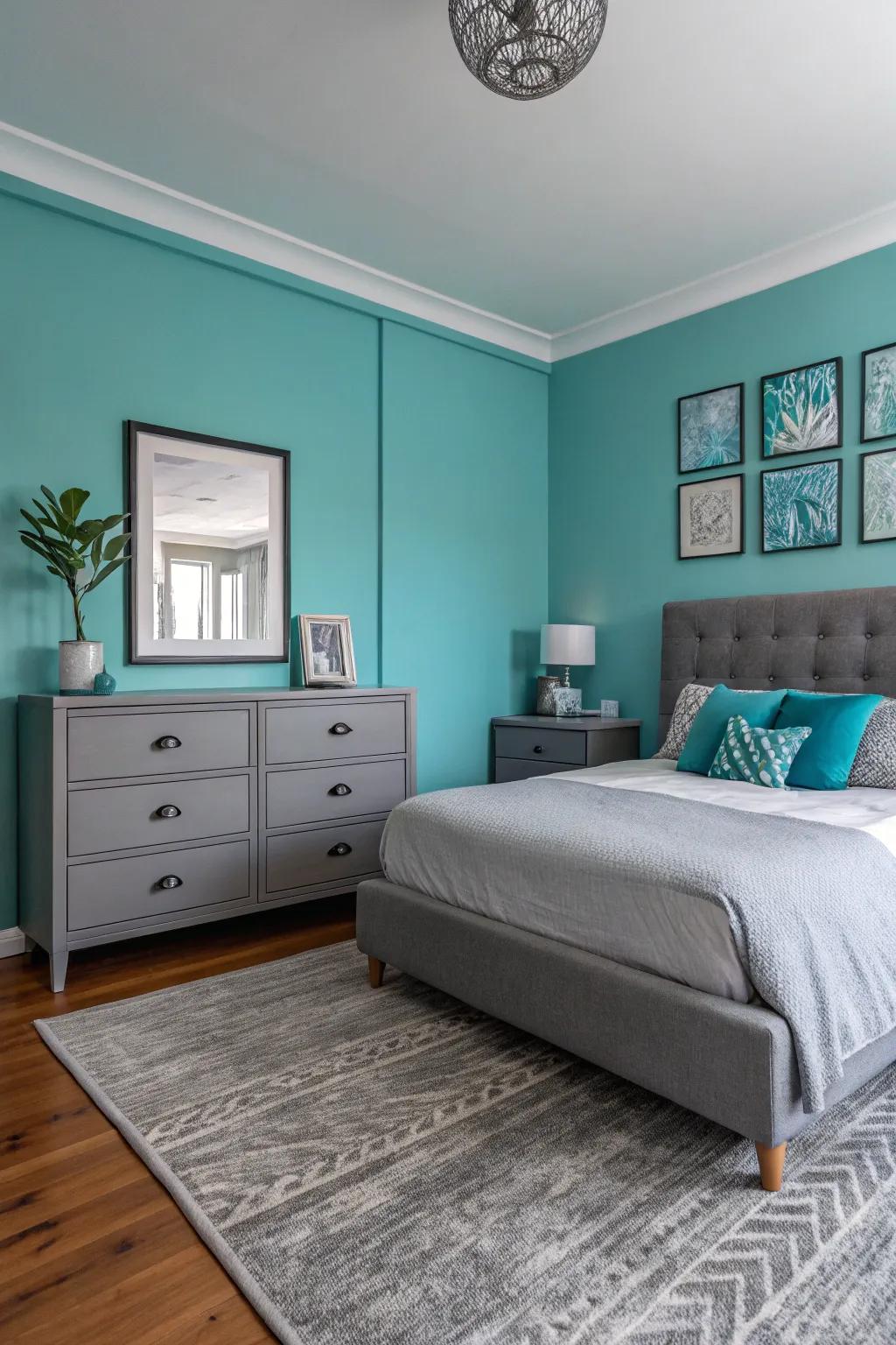 An ocean accent wall brings a reviving element to a fog shade bedroom.