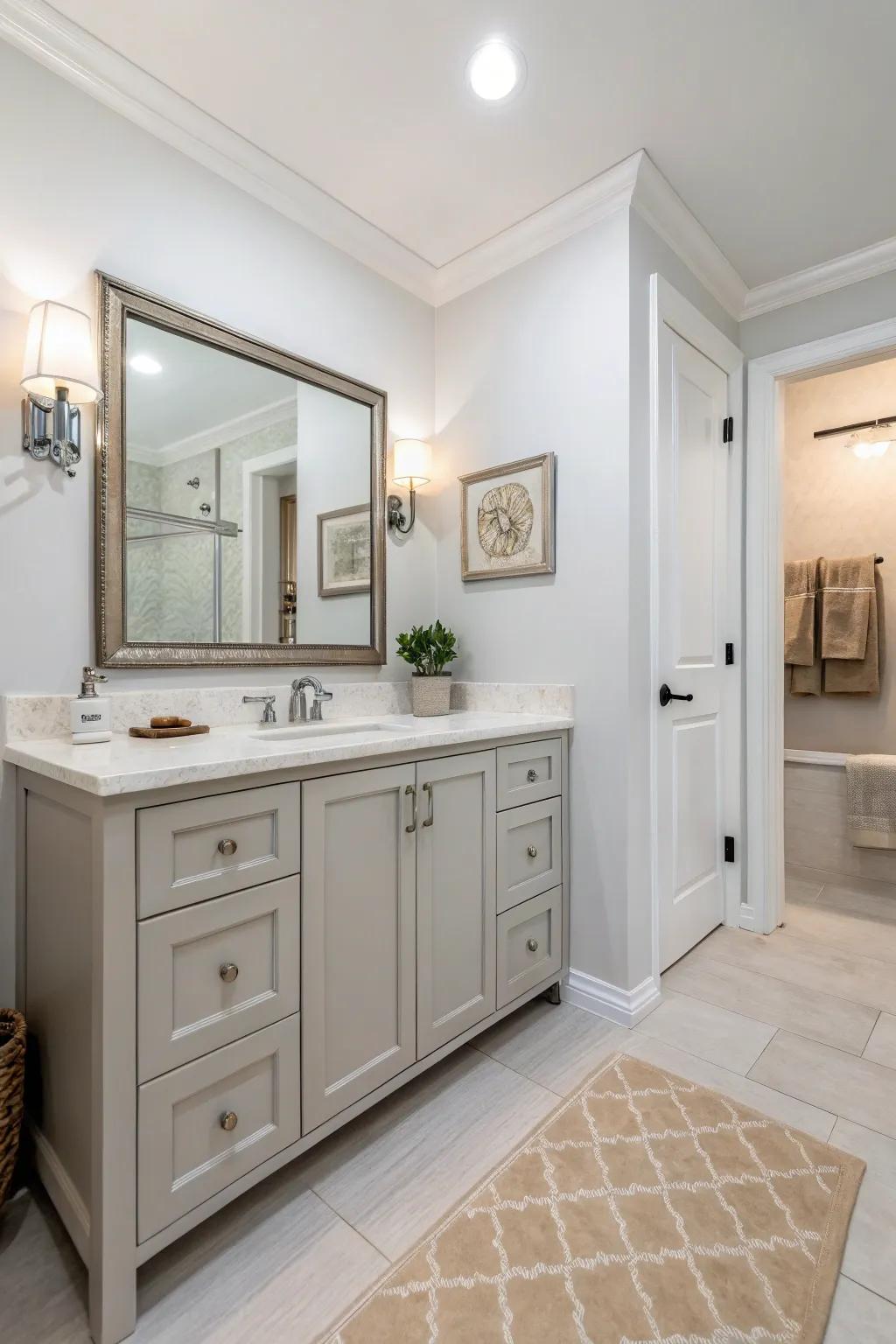 A light grey vanity works in harmony with a neutral color scheme, delivering a serene escape.