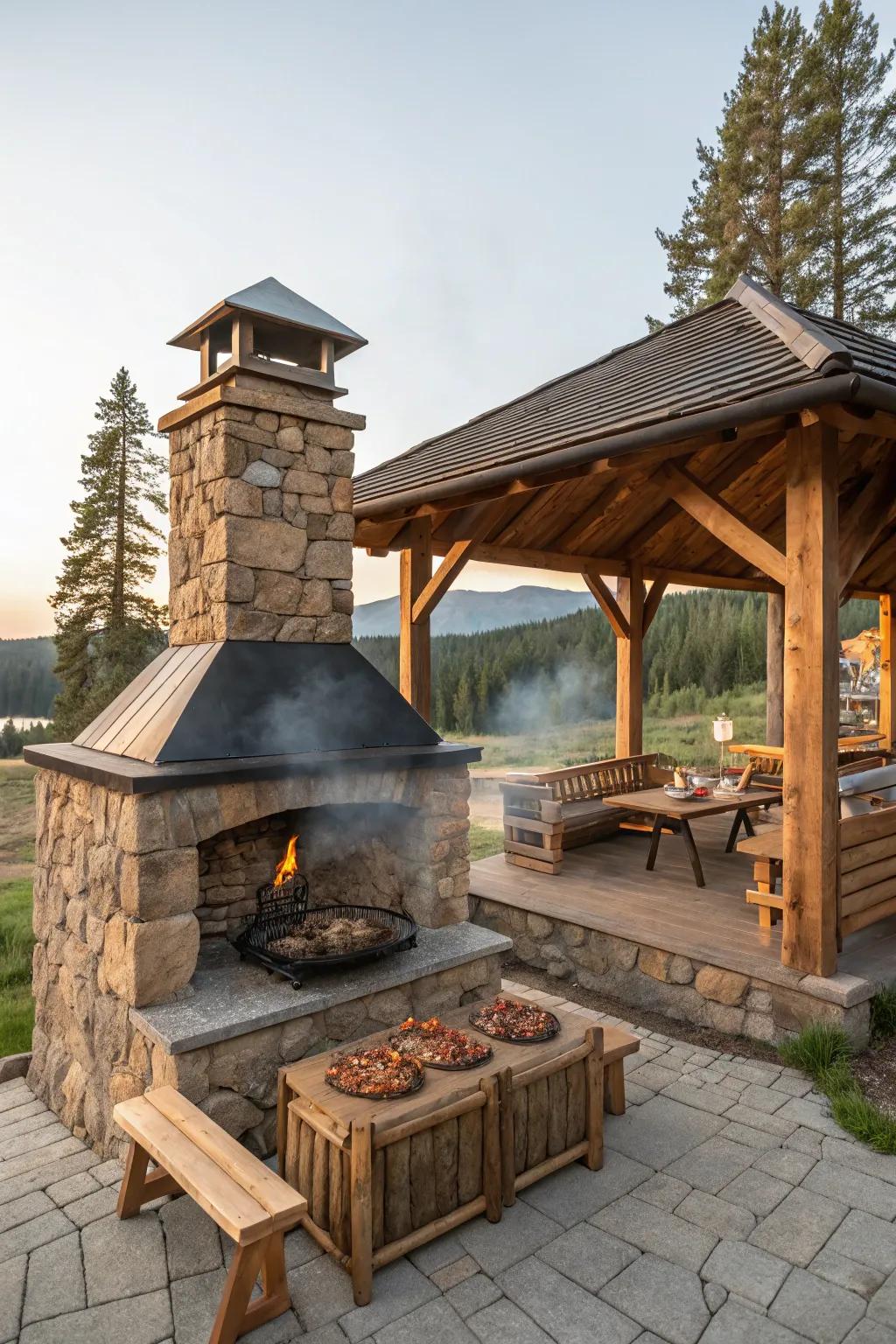 A rustic grill hut showcasing elements of natural wood and stone.