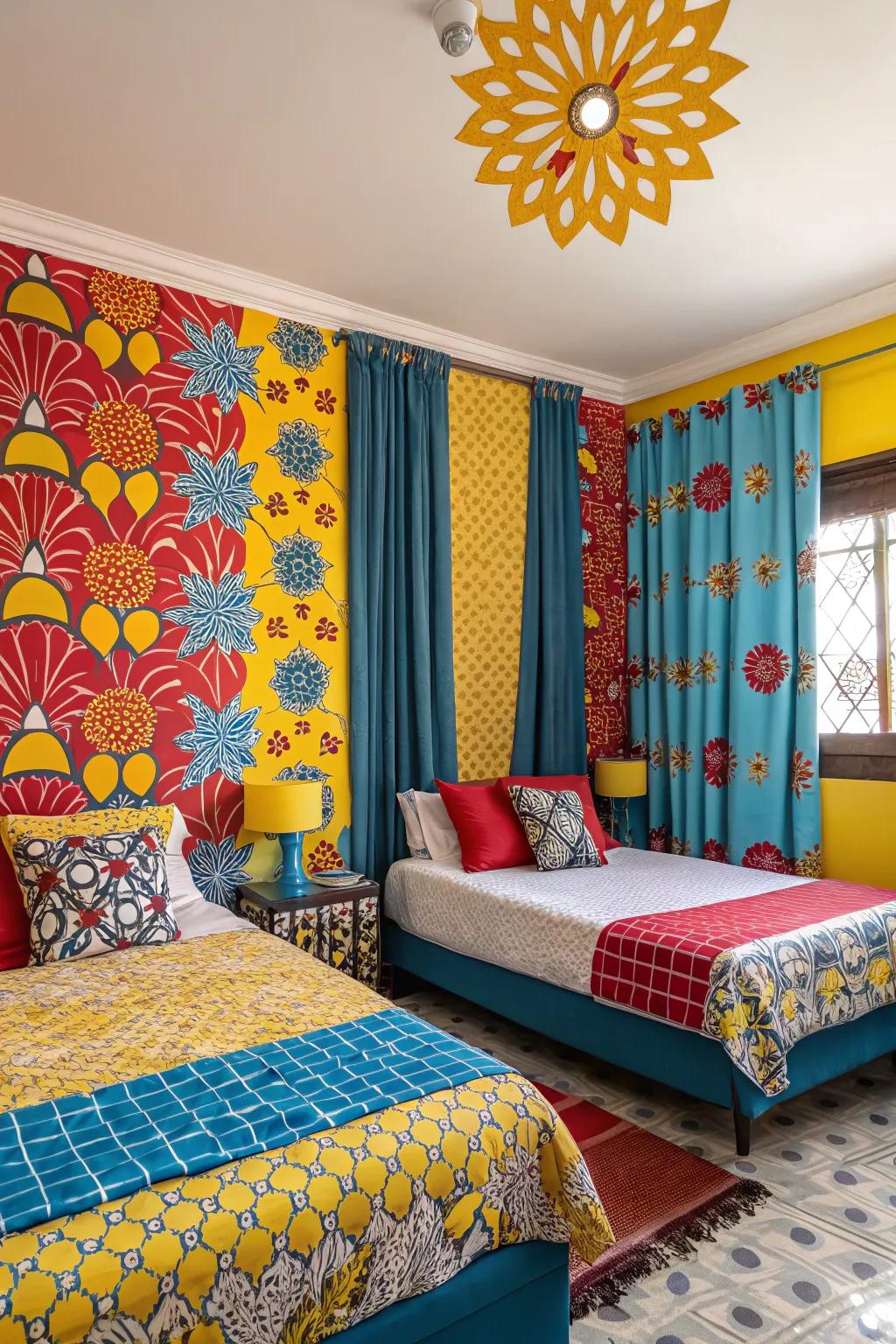Vibrant hues and designs create a lively and welcoming area.