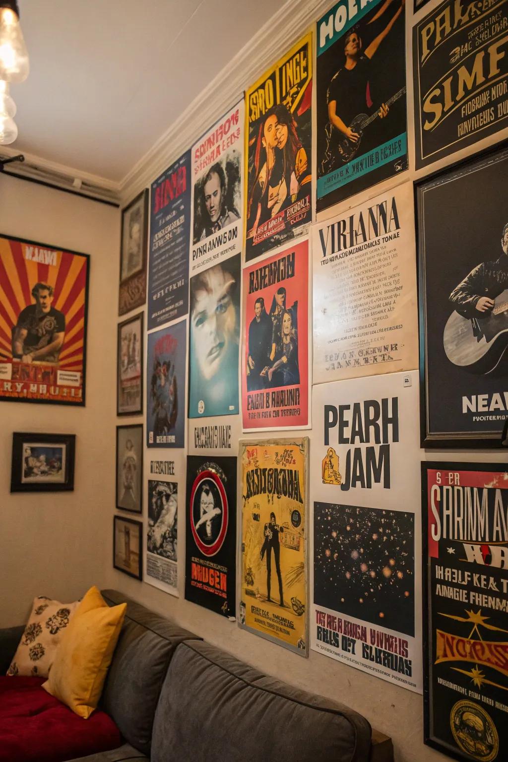 A wall decorated with iconic band posters immediately introduces character and an edgy feel.