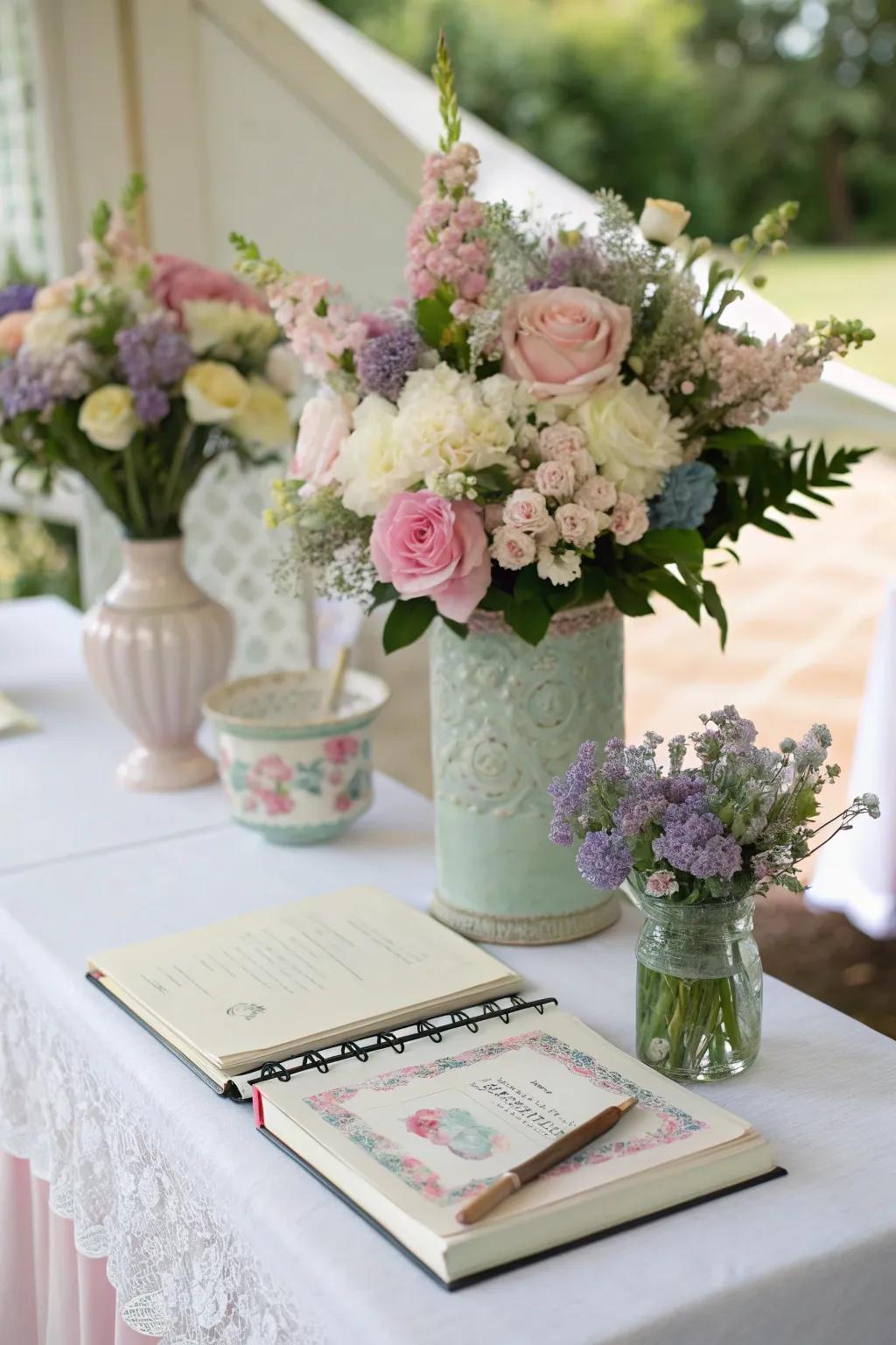 A guest book table with stunning floral displays.