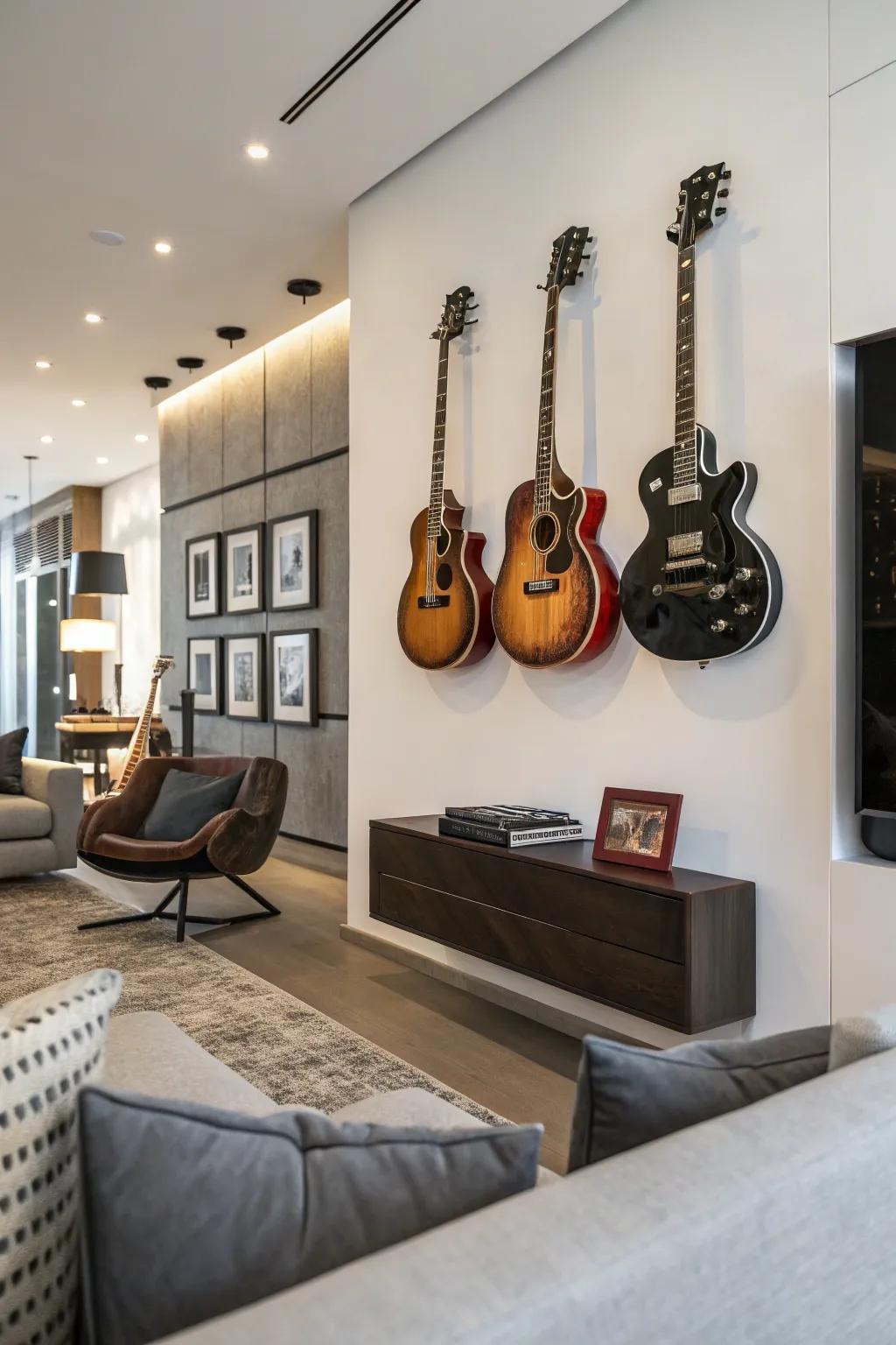 Vertical arrangement of guitars enhancing a contemporary living area.
