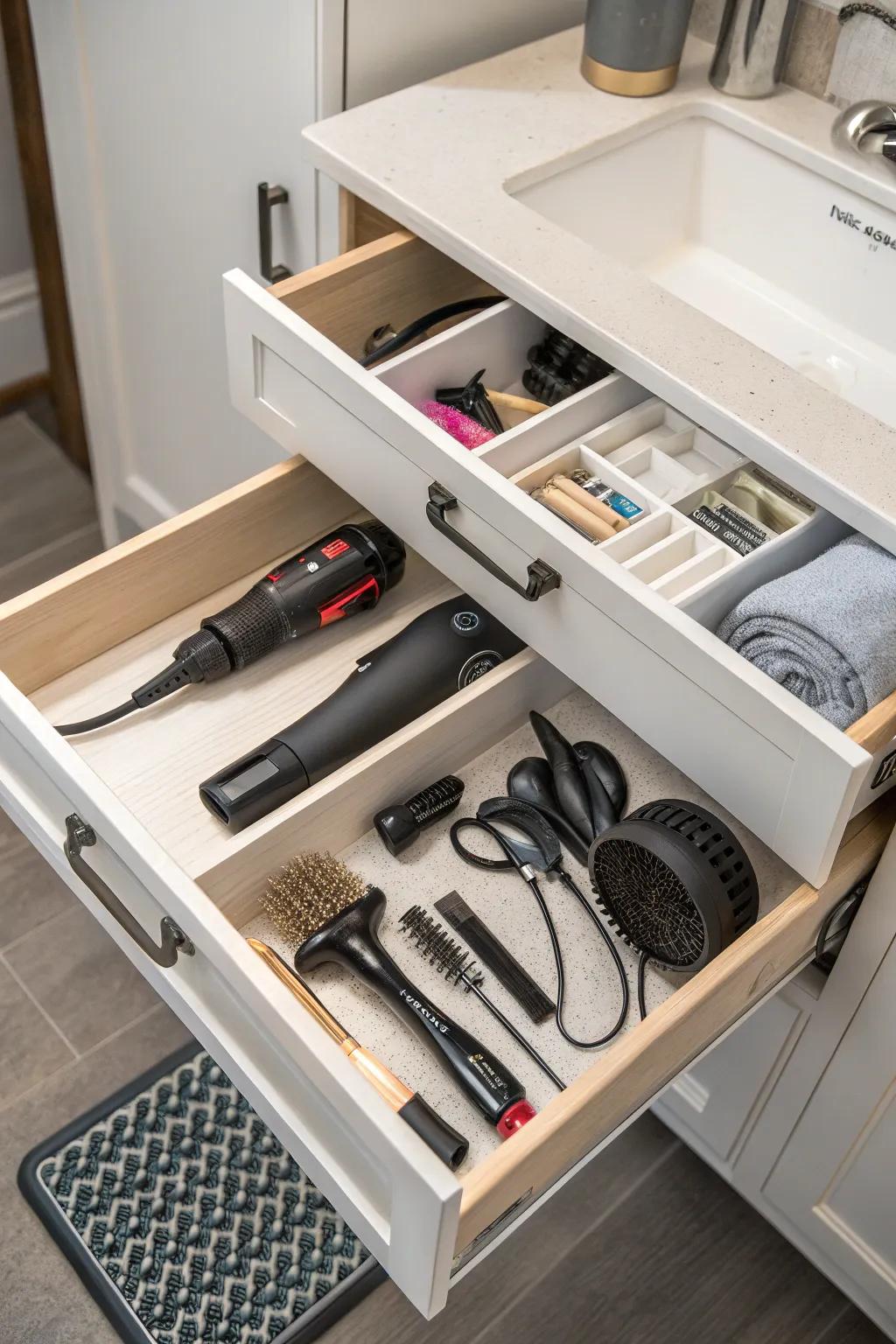 Skillful employment of under-sink space, providing dedicated slots for hair tools.
