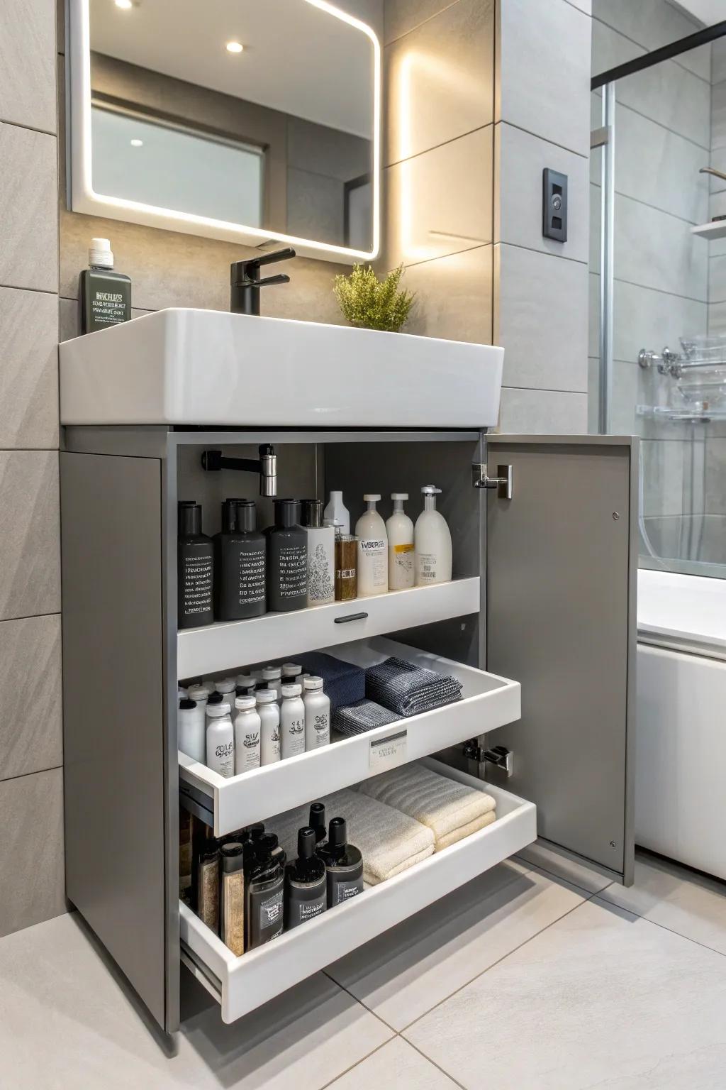 Effective employment of under-sink space with well-organized hair product storage.