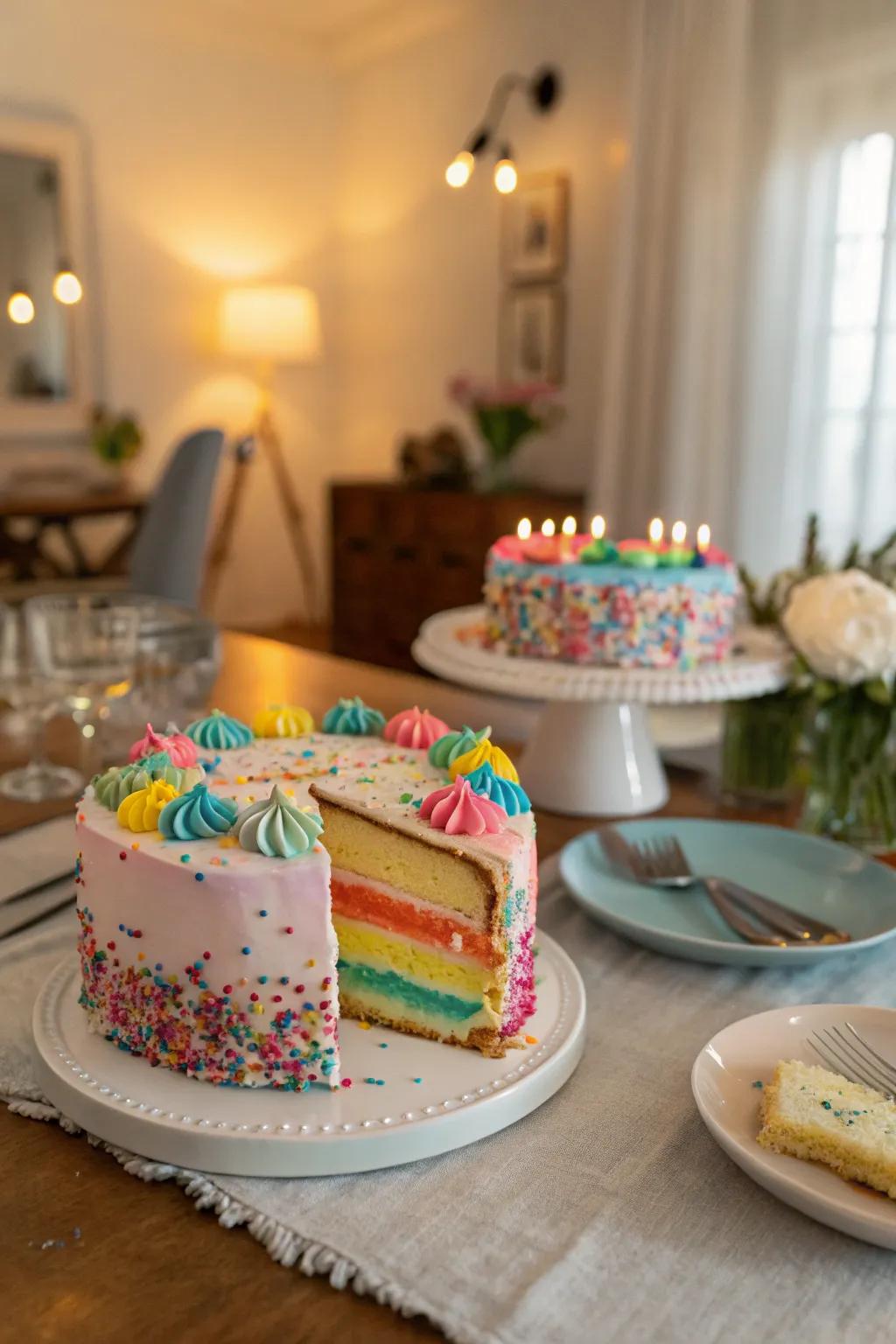 A charming half cake lavishly decorated with colorful frosting and sprinkles, ideal for a half birthday party.