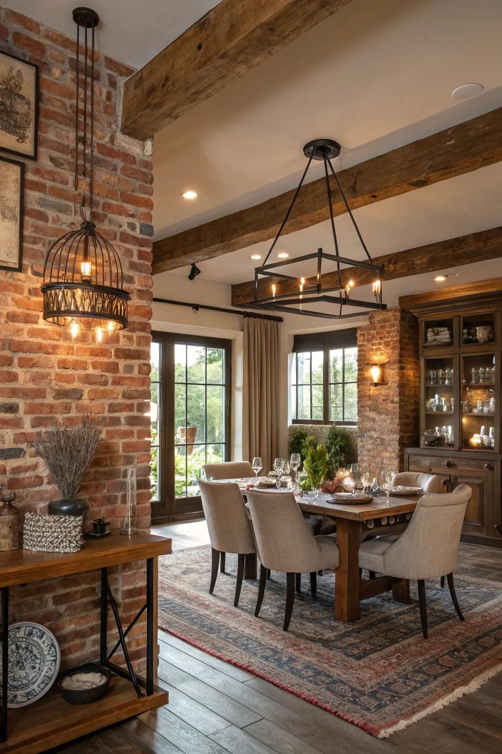 A country-style dining space featuring an exposed brick wall, ideal for comfortable get-togethers.