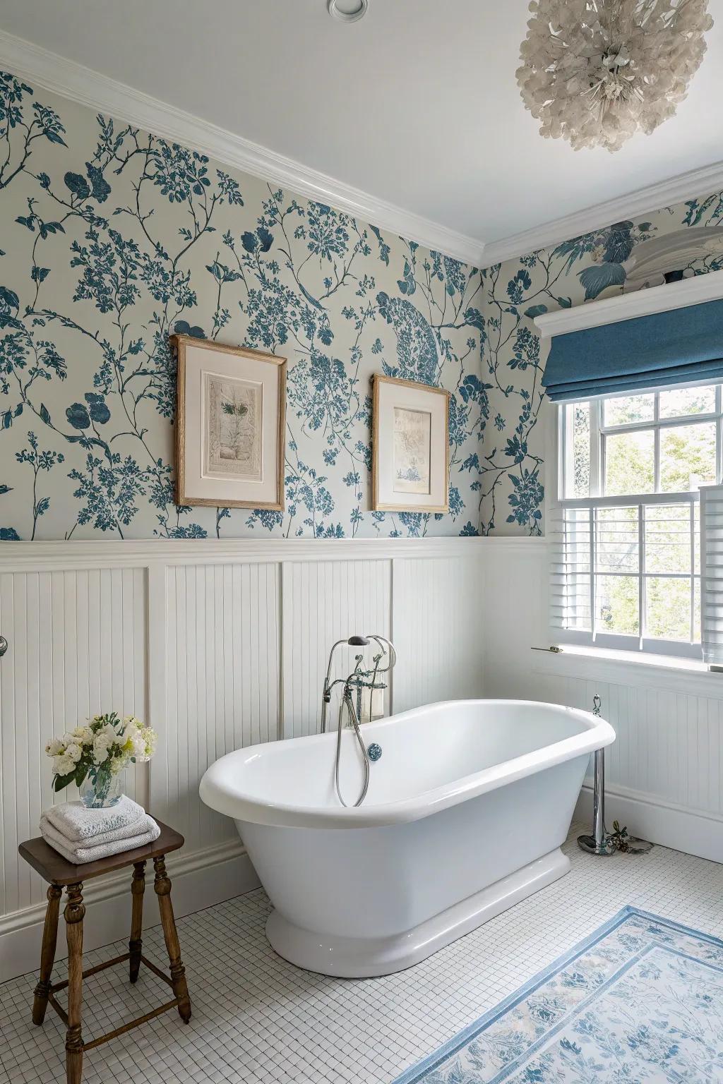 A calming bathroom design with blue wall coverings and white paint, crafting a relaxing environment.